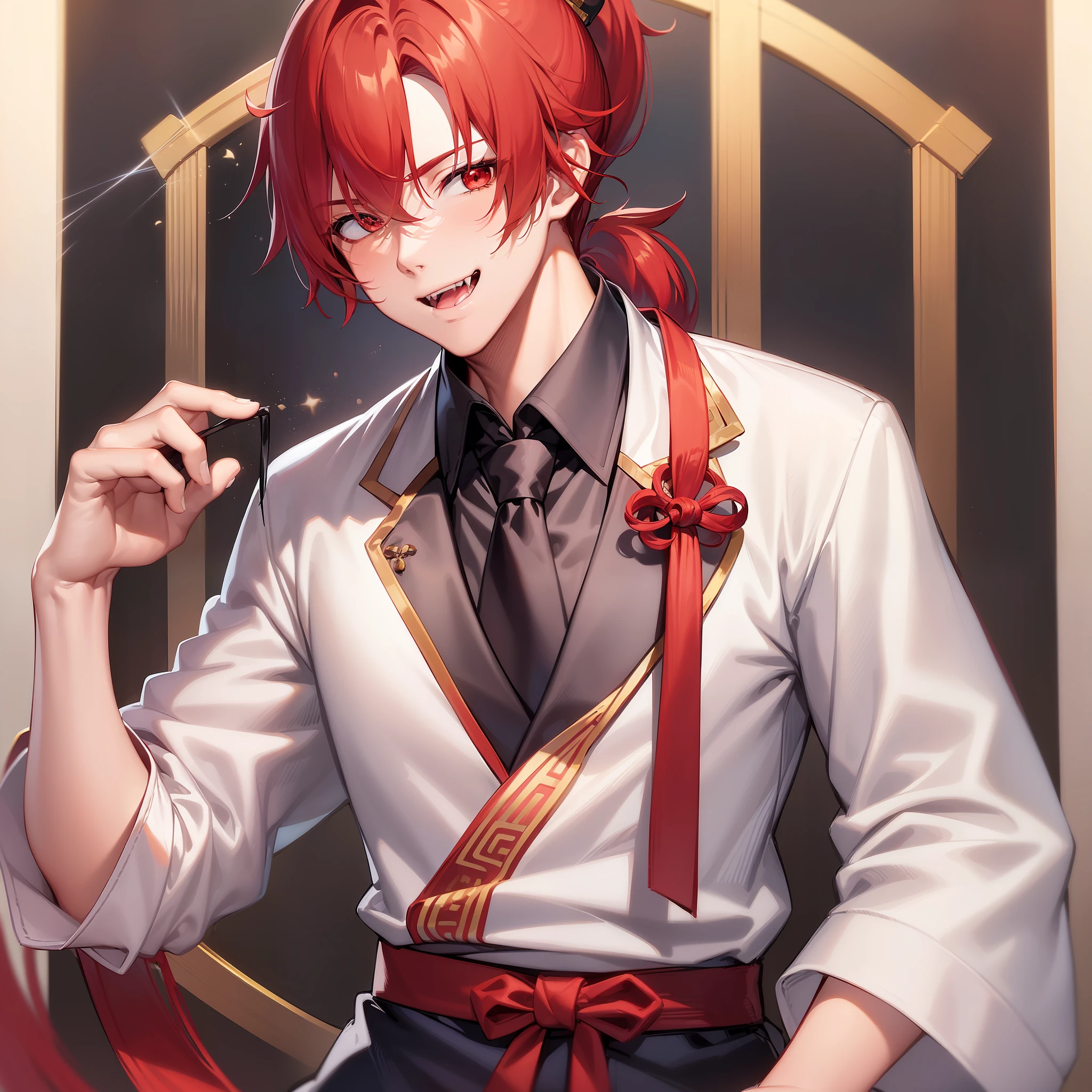 (Man, Handsome, Ikemen, red hair, bangs, ponytail, short ponytail, light smile, fangs, licking lips, light blush, hair bow, White ancient chinese clothes, stand straight, anime style, blue neck tie)