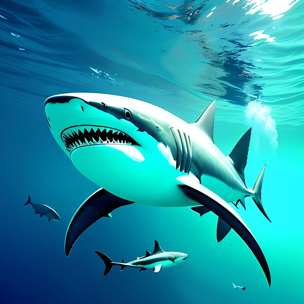 (Create a) stunning and immersive visual representation of a shark hunting on the ocean floor. Use 3D rendering techniques to create a realistic and detailed scene.

Position the shark as the protagonist of the scene, in a dynamic and fierce pose, highlighting its strength and agility. Use photographic references or videos of sharks to capture the animal's anatomy and precise details.

Explore the depth and darkness of the ocean, using subtle lighting ((with light spots)) to create mysterious contrasts and shadows. This will help to emphasize the menacing mood and atmosphere of the scene. Use a ((softbox)) to diffuse the light and achieve a smooth transition between the illuminated and shaded areas.

Use a (wide-angle photographic lens) to capture the vastness of the ocean around the shark and convey the feeling of immersion. This will also help create a dynamic perspective, highlighting the shark's speed and action during the hunt. Calibrate the lens to ensure exceptional sharpness.

Add detailed textures to the shark's skin, reproducing its rough, scaly texture. Use high-definition rendering to capture every detail, from the fins to the sharp teeth. Calibrate the rendering software to get a high-quality result and richness of detail.

Explore a cool, underwater color palette, with bluish and greenish hues, to create a submerged and engaging atmosphere. This will help convey the feeling of being at the bottom of the ocean, accompanying the shark on its hunt.

By following these guidelines and applying the aforementioned techniques, you will be prepared to create a captivating and realistic scene of a shark hunting on the ocean floor.
