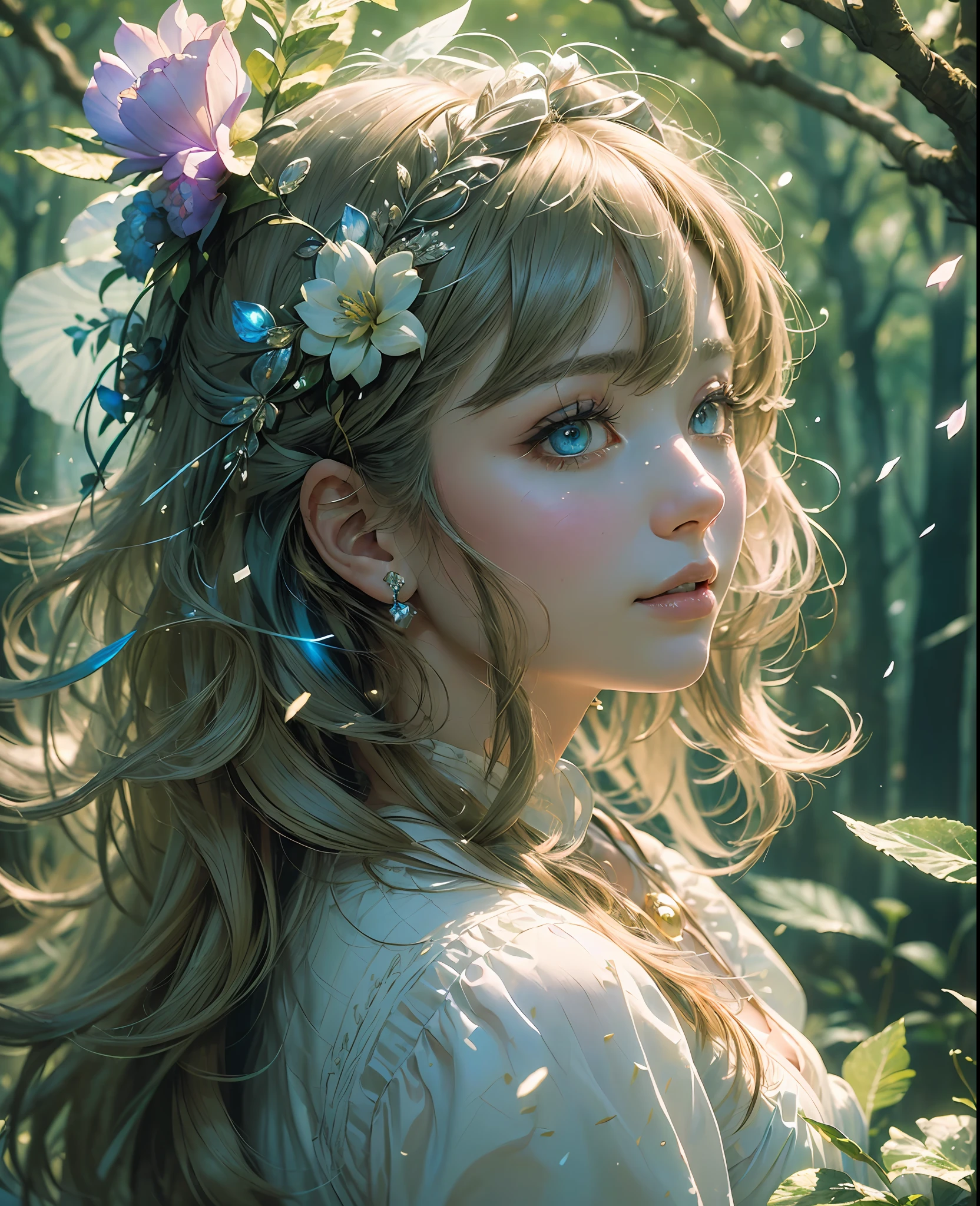 (((Masterpiece)))), (((highest quality)))), ((Ultra detailed)), (Illustration)))), (Detail light), (Very delicate and beautiful)), (Beautiful detail eyes), (Lighting drop reflection), HDR, Background ultra-detailed petals, Exquisite lighting and shadows, Tree attributes, Very dramatic images, cinematic lenses, charming smile, (((Eyes of different colors left and right)), 1 woman, the background is a fantastic forest (excellent detail, Excellent lighting, wide angle), (excellent rendering, enough to stand out in the class), solo, confetti, (upper body close-up to the viewer), beautiful detail hairstyles and beautiful detail hair accessories, colorful light refraction, light particles, Violet Evergarden --auto --s2