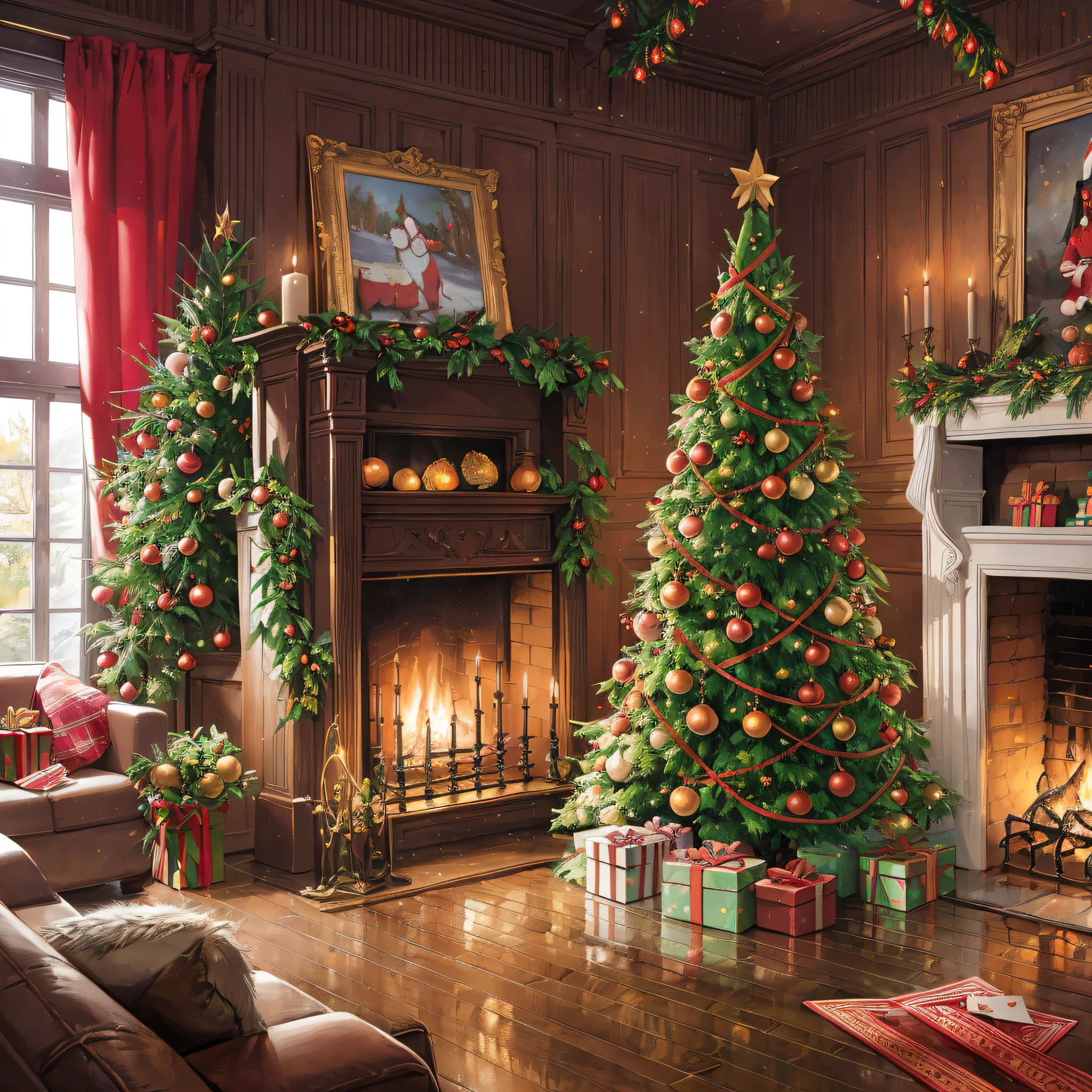 ((Traditional)), ((greeting card)), ((best quality)), a beautiful Christmas greeting card featuring a cozy indoor scene with candlelight illuminating the festive atmosphere. The illustration style adds a whimsical and playful touch to the scene, with every element of the Christmas spirit incorporated, such as the decorated Christmas tree, presents, and stockings hung by the fireplace. The traditional colors of red and green create a warm and inviting mood, with every detail of the scene captured in stunning clarity. Created using Adobe Illustrator, the artwork is of the highest quality and resolution, perfect for sending warm holiday wishes to loved ones. On eye level, scenic, masterpiece. --auto --s2