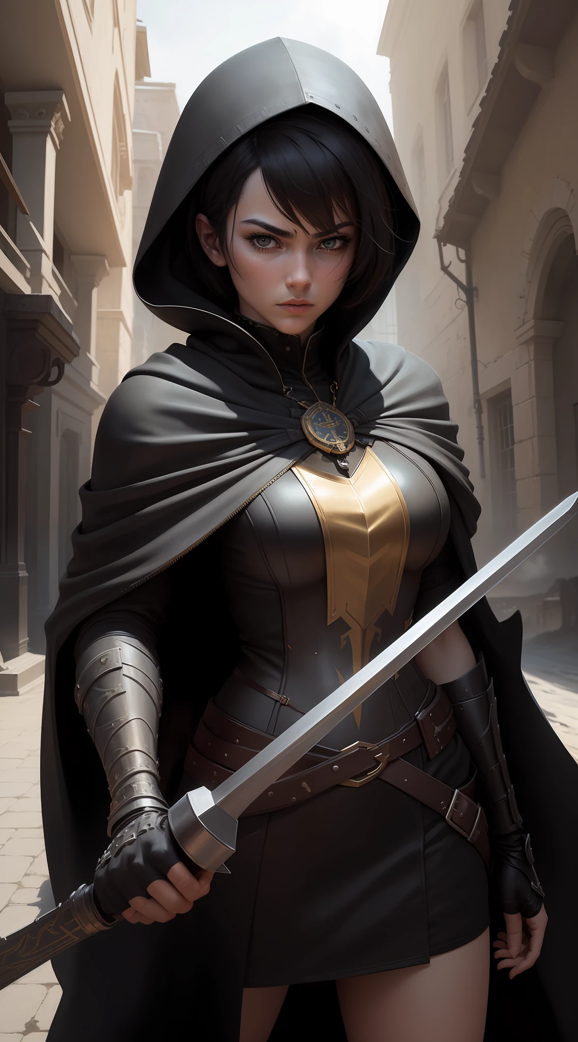 (incredible painting, best quality, ultra-detailed) floating female knight(warrior princess, amazon warrior), heroic posture,redemption,pain, (advanced weapon:1.3),armor,chainmail,shields, sword, fixate(frustration), combat boots,grasslands,dense fog,ominous clouds.