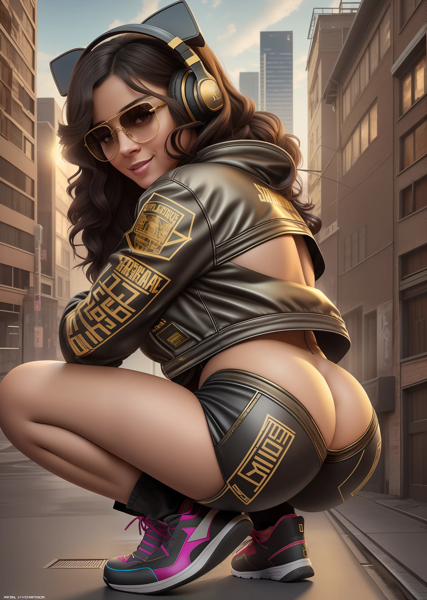cute American model with stunning 3D resolution 12K character in [gritty Hip-Hop] style, [squatting], panties, [wearing leather jacket], elaborate clothing, big breasts, big ass, hourglass body, headphones, big dark gold glasses, long curly dark hair, [shows butt], looks at viewer, smile, chibi in detailed, background detailed graffiti, highly detailed, bright colors, ultra high quality, Hyperrealism, Photorealism, [octane render].