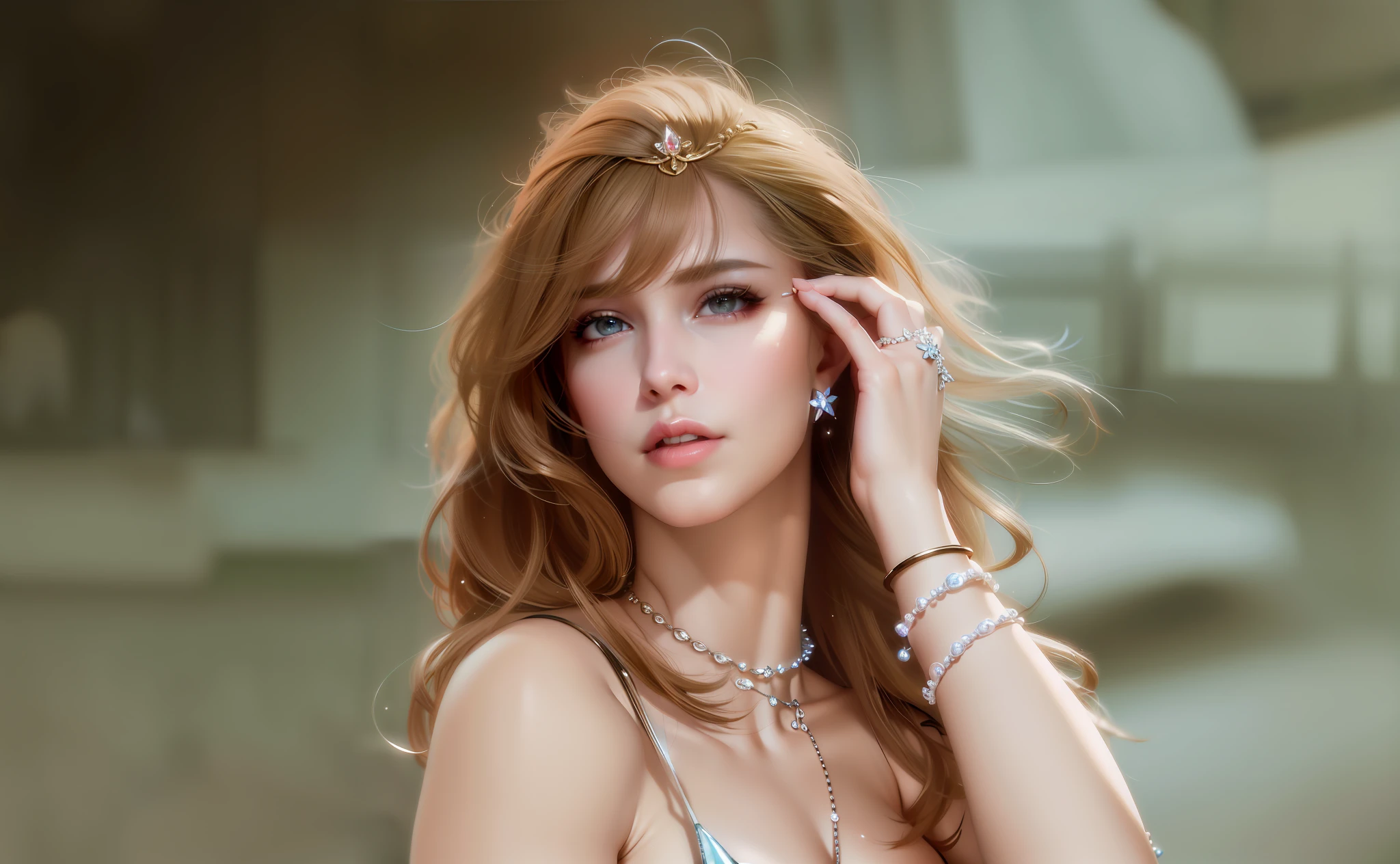 ultra realistic 8k cg, picture-perfect face, flawless, clean, masterpiece, professional artwork, famous artwork, cinematic lighting, cinematic bloom, muscle, symmetricmuscle abs, perfect face, beautiful face, beautiful eyes, ((perfect female toned body, narrow waist)), white hair, low body fat rate, gorgeous queen, royal, divine, goddess, godlike, fantasy, dreamlike, unreal, science fiction, e-cup breasts, beautiful fishnet stockings, nsfw, breasts out, absurdly long hair, very long hair, (rich:1.4), prestige, luxury, jewelry, diamond, gold, pearl, gem, sapphire, ruby, intricate detail, delicate pattern, sexy, charming, alluring, seductive, erotic, enchanting, hair ornament,