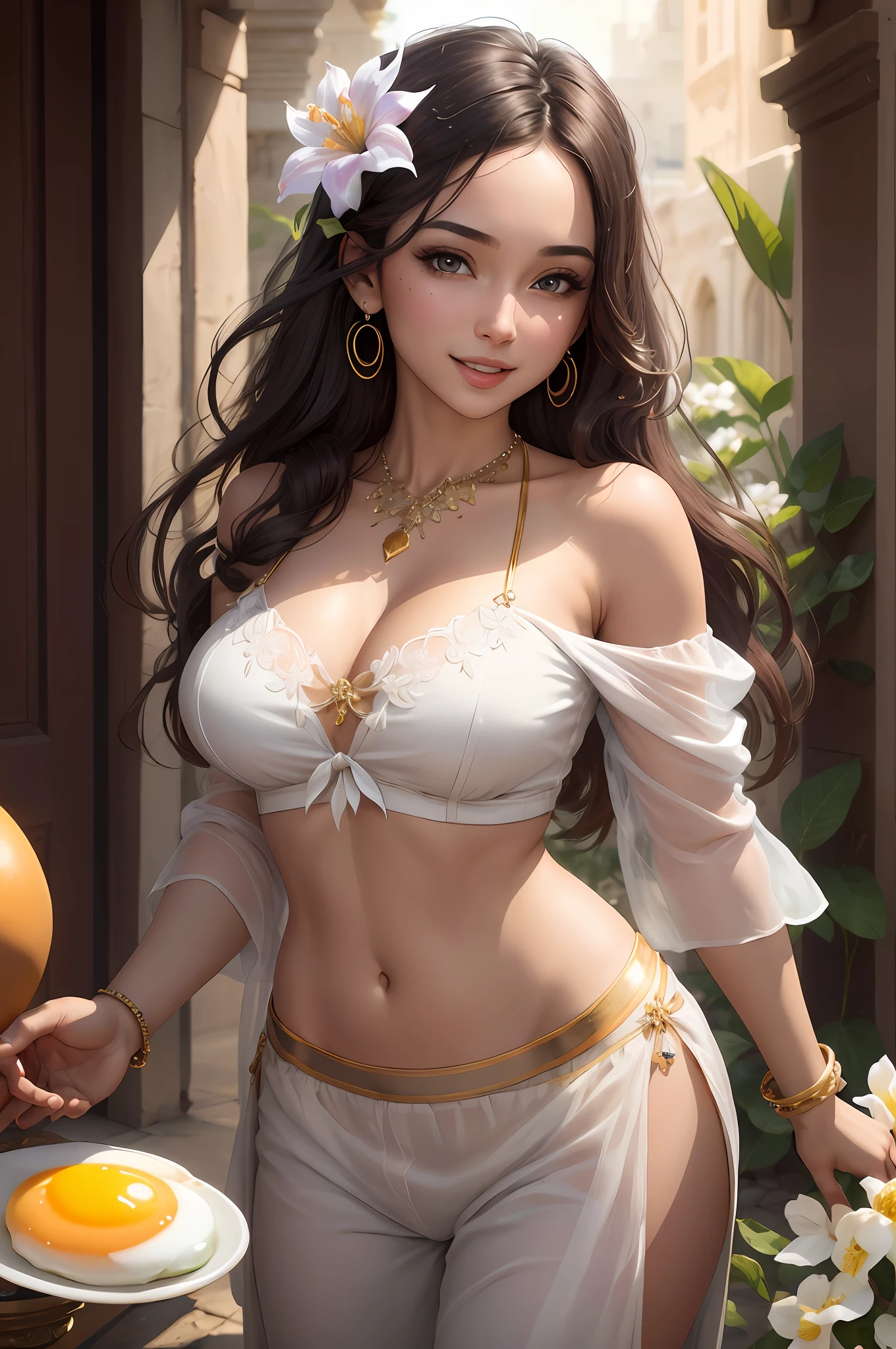 jasmine 1girl, solo, breasts, smile, open mouth, navel, holding, bare shoulders, jewelry, flower, earrings, midriff, pants, necklace, off shoulder, bracelet, see-through, white flower, yolk, off-shoulder shirt, holding flower, multi-tied hair, arabic clothes (realistic: 1.2), (realism), (masterpiece: 1.2), (best quality), (ultra detailed), (8k, 4k, intricate), (full-body-shot:1), (85mm), light particles, lighting, (highly detailed: 1.2), (detailed face: 1.2), (gradients), SFW, colorful,(detailed eyes:1.2)(detailed background),detailed landscape, (dynamic angle:1.2), (dynamic pose:1.2), (rule of third_composition:1.3), (line of action:1.2), in Christ the Redeemer