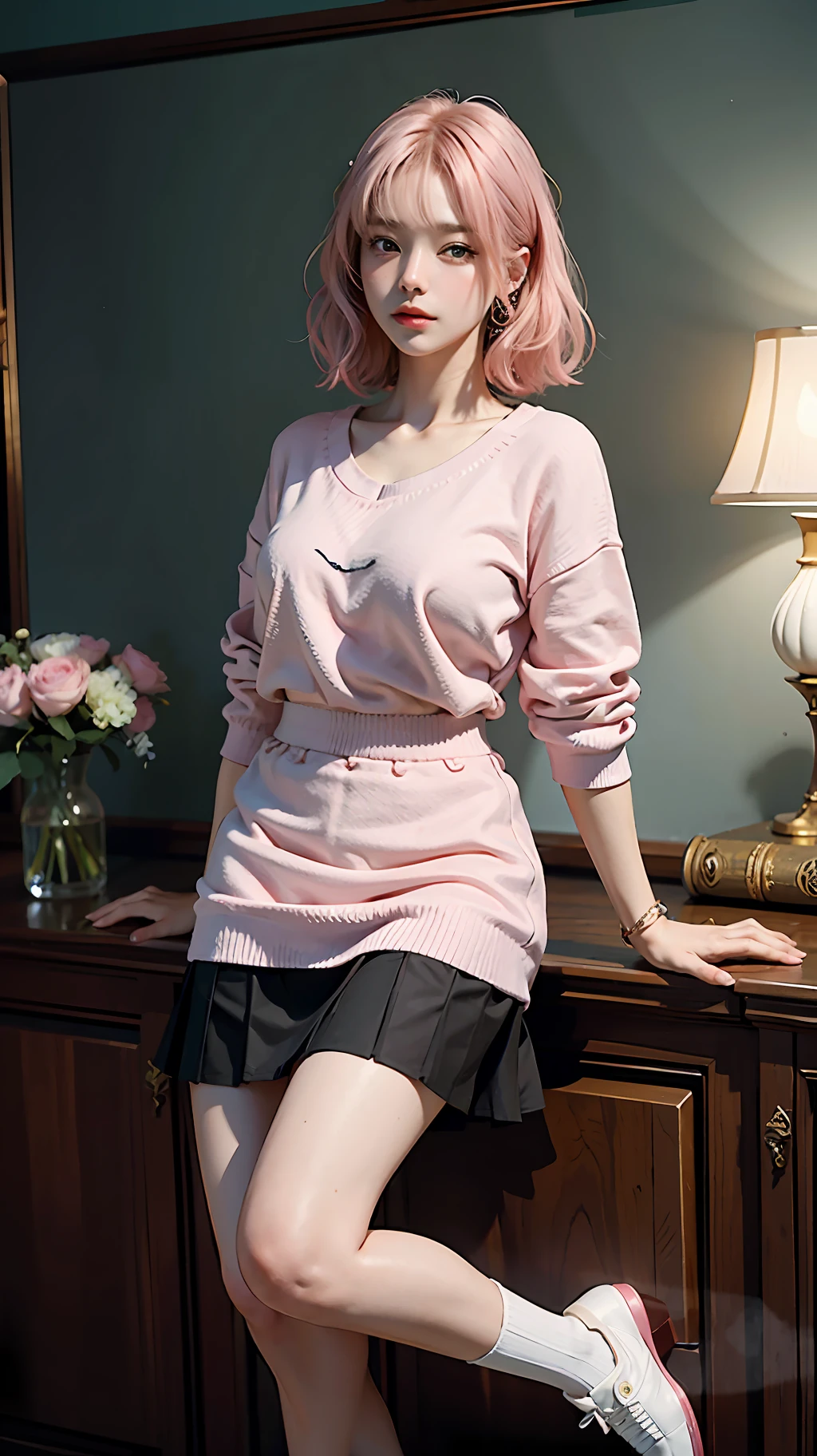 ((masterpiece, best quality)), (full body), masterpiece, perfect face, (thick lines: 1.0), (ultra-detailed: 1.2), (oil painting: 0.9), (extremely detailed CG unit 8k wallpaper: 1.2), soft lighting, koharu, 1girl, pink eyes, ringed eyes,pink hair, blue file, [small breasts|medium ] (pink shirt:1.2), sweater, loose socks, white socks, (black skirt:1.15), Looking to the side, looking to the side