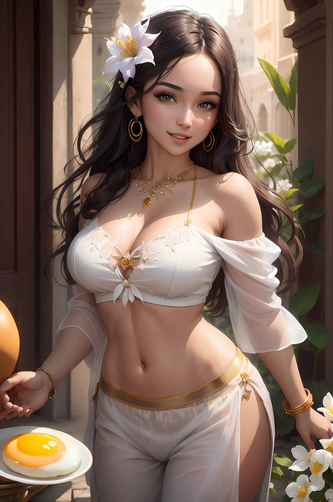 jasmine 1girl, solo, ???????, smile, open mouth, navel, holding, ???? shoulders, jewelry, flower, earrings, midriff, pants, necklace, off shoulder, bracelet, see-through, white flower, yolk, off-shoulder shirt, holding flower, multi-tied hair, arabic clothes (realistic: 1.2), (realism), (masterpiece: 1.2), (best quality), (ultra detailed), (8k, 4k, intricate), (full-body-shot:1), (85mm), light particles, lighting, (highly detailed: 1.2), (detailed face:  1.2), (gradients), SFW, colorful,(detailed eyes:1.2)(detailed background),detailed landscape, (dynamic angle:1.2), (dynamic pose:1.2), (rule of third_composition:1.3), (line of action:1.2), in Christ the Redeemer