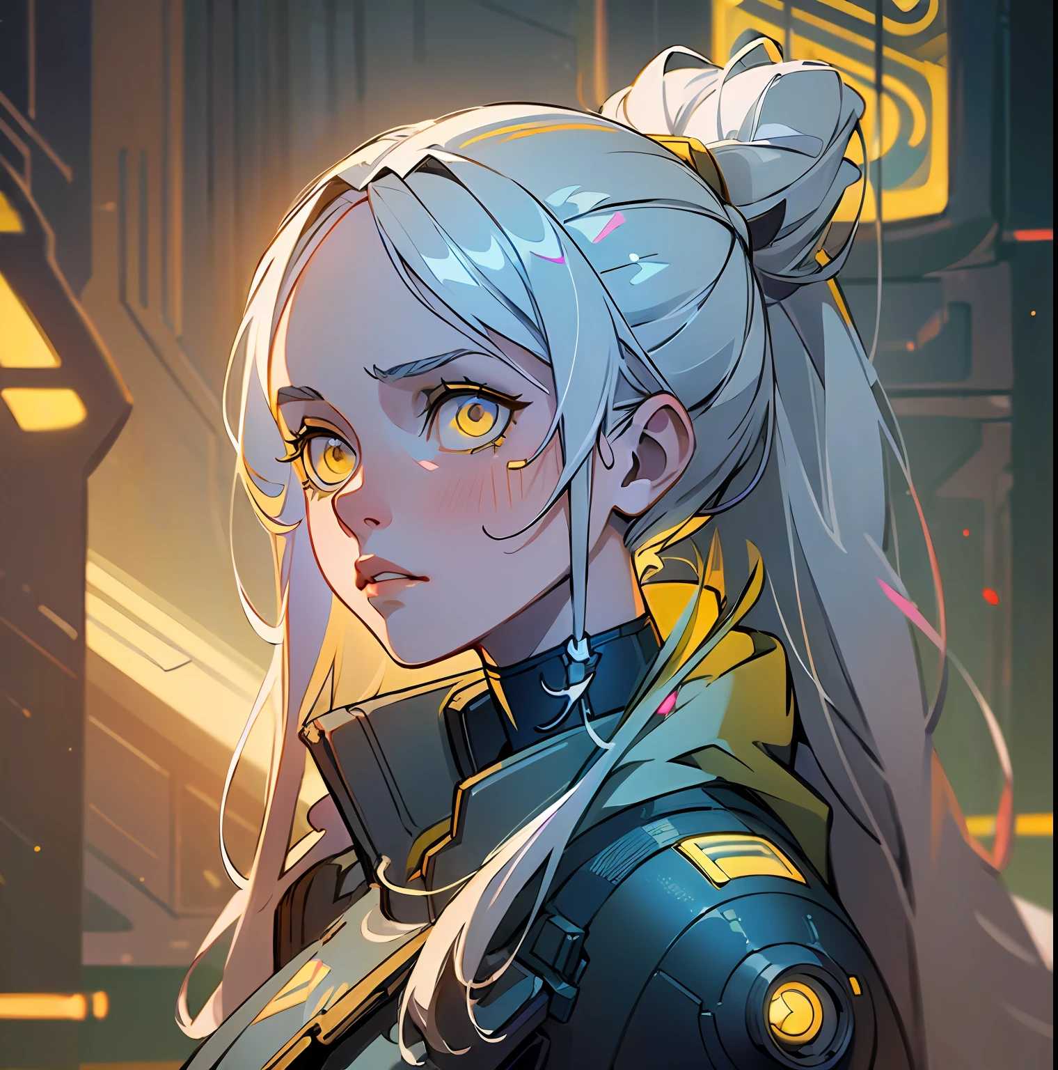 (best quality, masterpiece:1.5), 1girl, long white hair, (yellow eyes), white skin, cyberpunk clothes in (Paramount studio dramatic lighting:1.3).