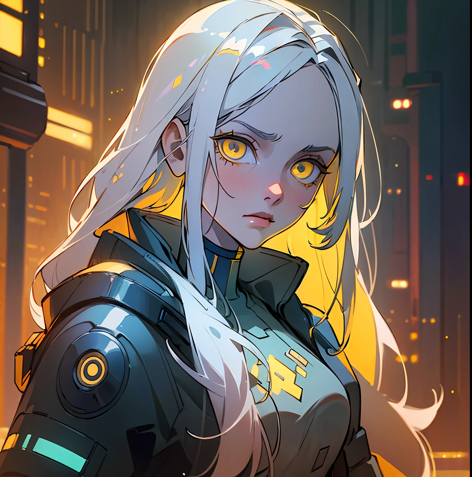 (best quality, masterpiece:1.5), 1girl, long white hair, (yellow eyes), white skin, cyberpunk clothes in (Paramount studio dramatic lighting:1.3).