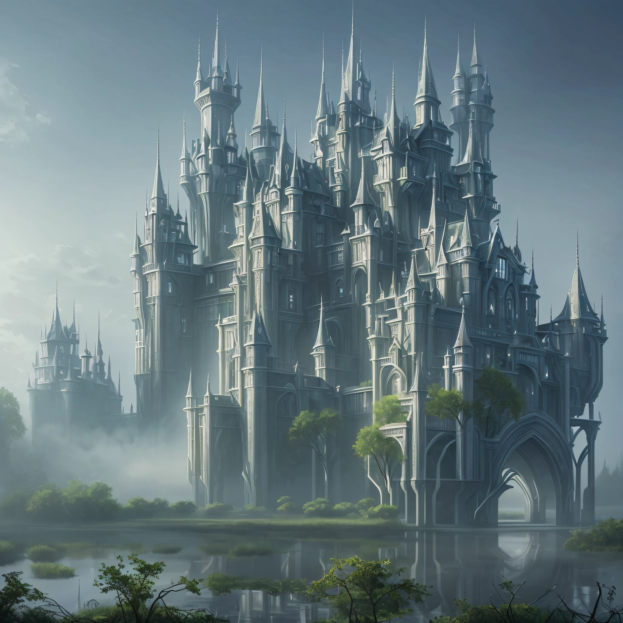 an alien, modern, futuristic castle of endless beauty within a swamp, twisted trees, fog --auto --s2