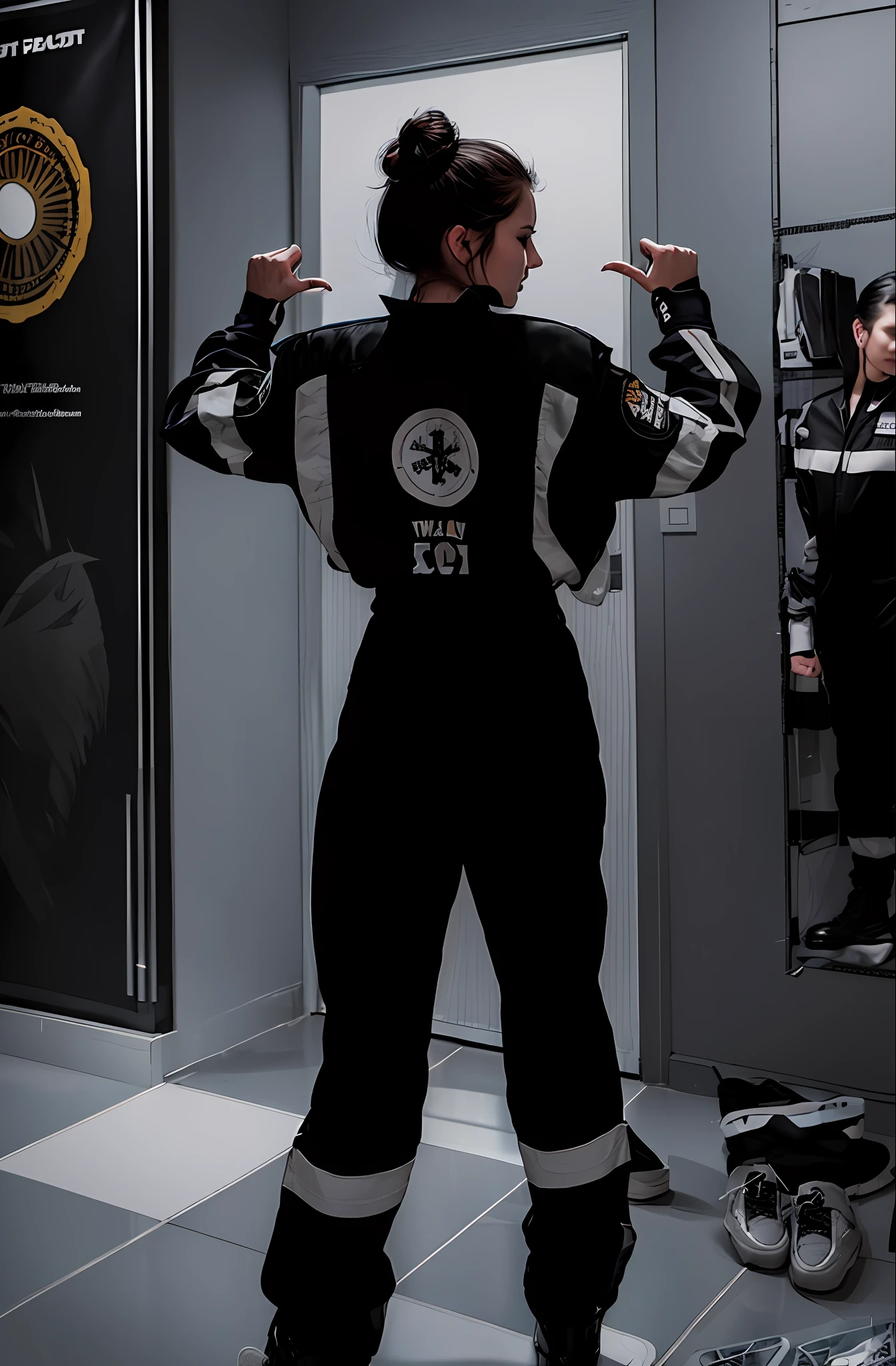 there is a woman in a black and white uniform standing in a room, wearing human air force overalls, technical suit, full uniform, heron preston, wearing atompunk jumpsuit, work clothes, by Emma Andijewska, by Romain brook, full body, wearing flight suit, air force jumpsuit, full body photo, uniform, full body action pose, Anime competition winner