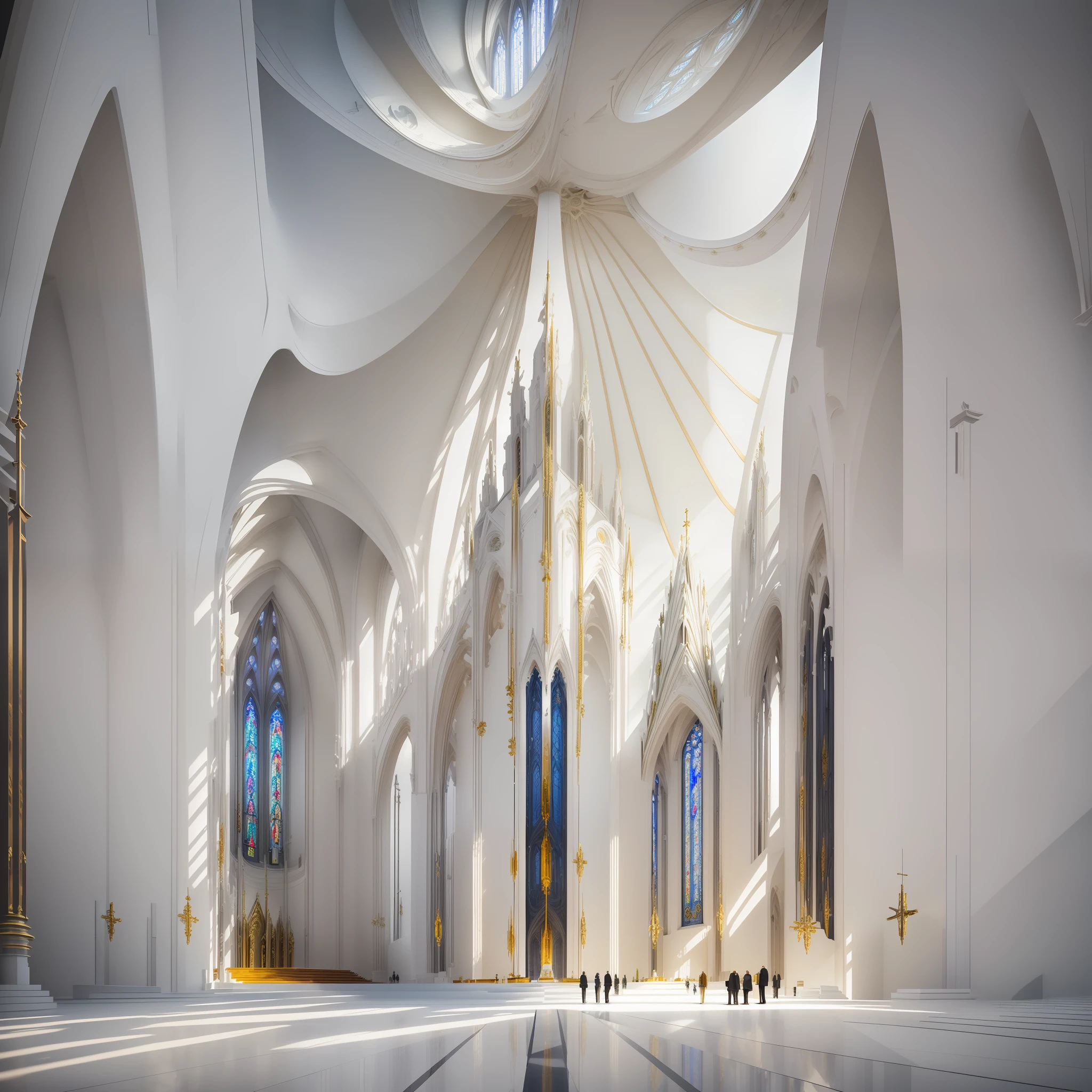 In this innovative image, a church is represented as an imposing and majestic structure, suspended in the air, as if defying gravity. The architectural construction is modern and minimalist, with elegant lines and transparent glass, allowing natural light to illuminate the sacred interior. This unique representation combines the sacred and the heavenly, conveying a sense of transcendence and spiritual connection.