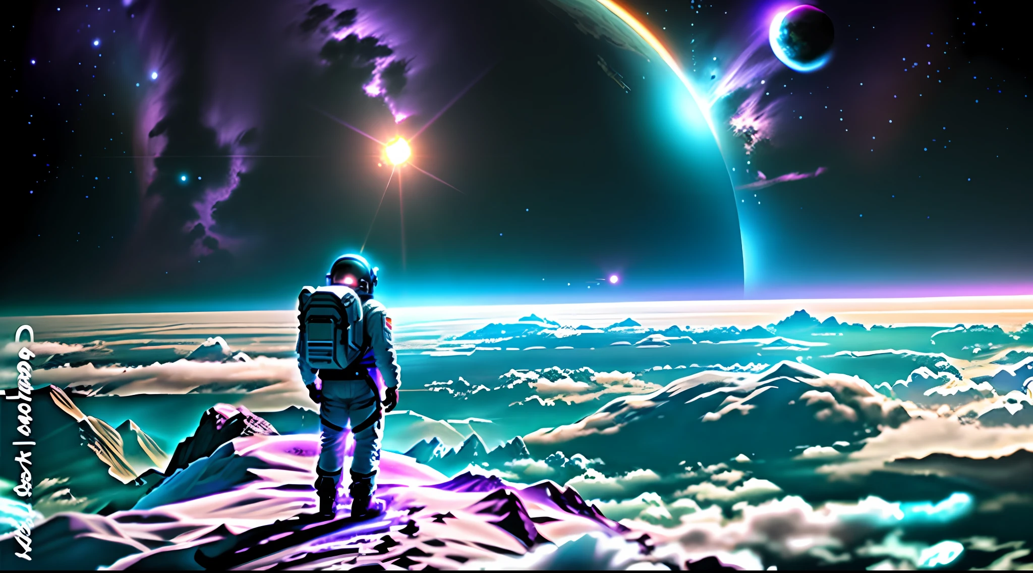 astronaut standing on a mountain looking at a planet in the distance, spaceman standing looking, astronaut stranded on planet, astronaut standing looking, astronaut lost in liminal space, space landscape, astronaut on the moon, epic beautiful space scifi, an alien landscape view, stunning alien landscape, beautiful alien landscape, alien breathtaking landscape, amazing alien landscape, fantasy space, futuristic astronaut, GlowingRunesAI_purple