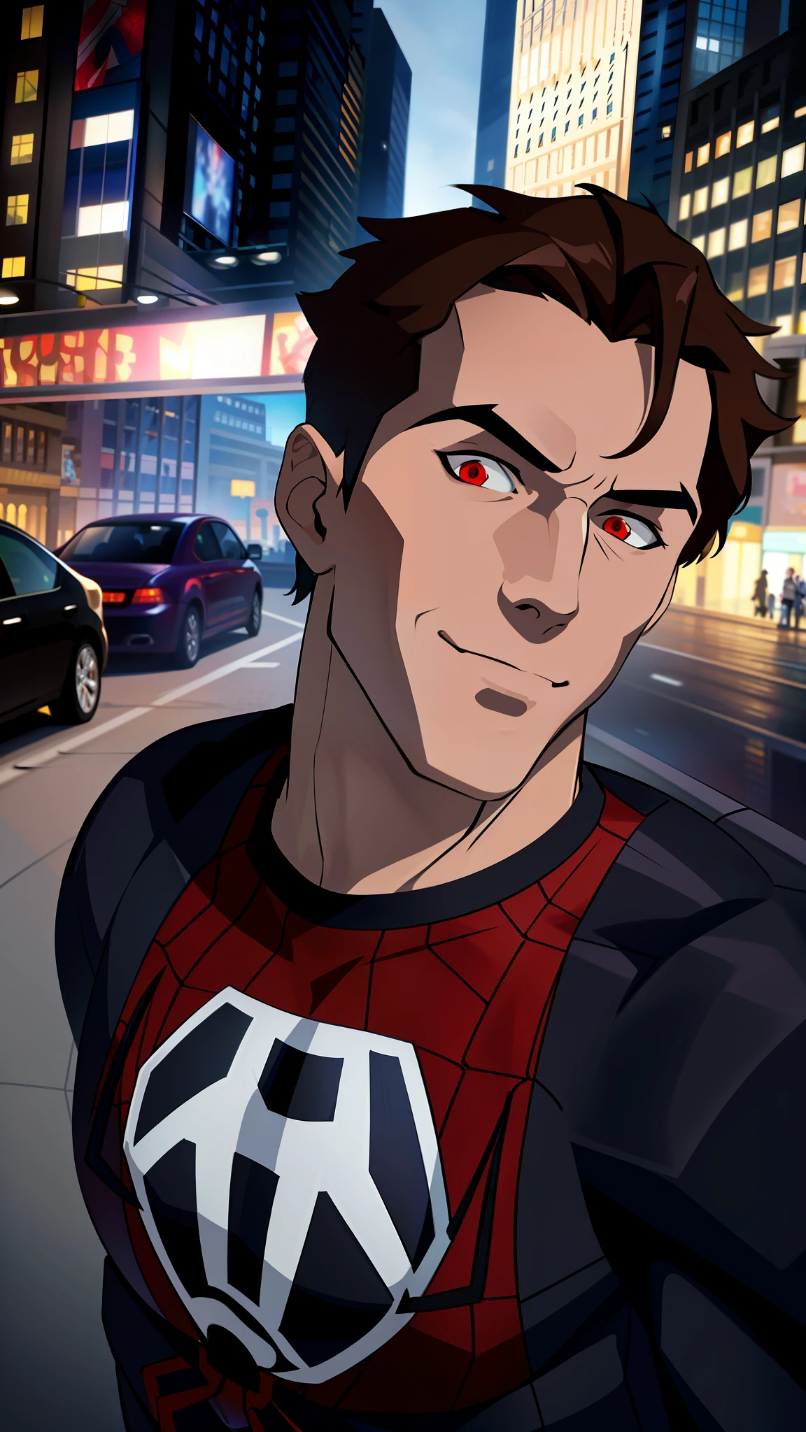 spider suit, spider web print, spider web, spider-man
Masterpiece, absurdres, fine detail, HDR, ((highly detailed face and eyes)), photorealistic,
focus on eyes,
standing on the roof of a skyscrapper, ((unmasked)), looking at viewer, smiling,  short brown hair, 
new york buildings background,