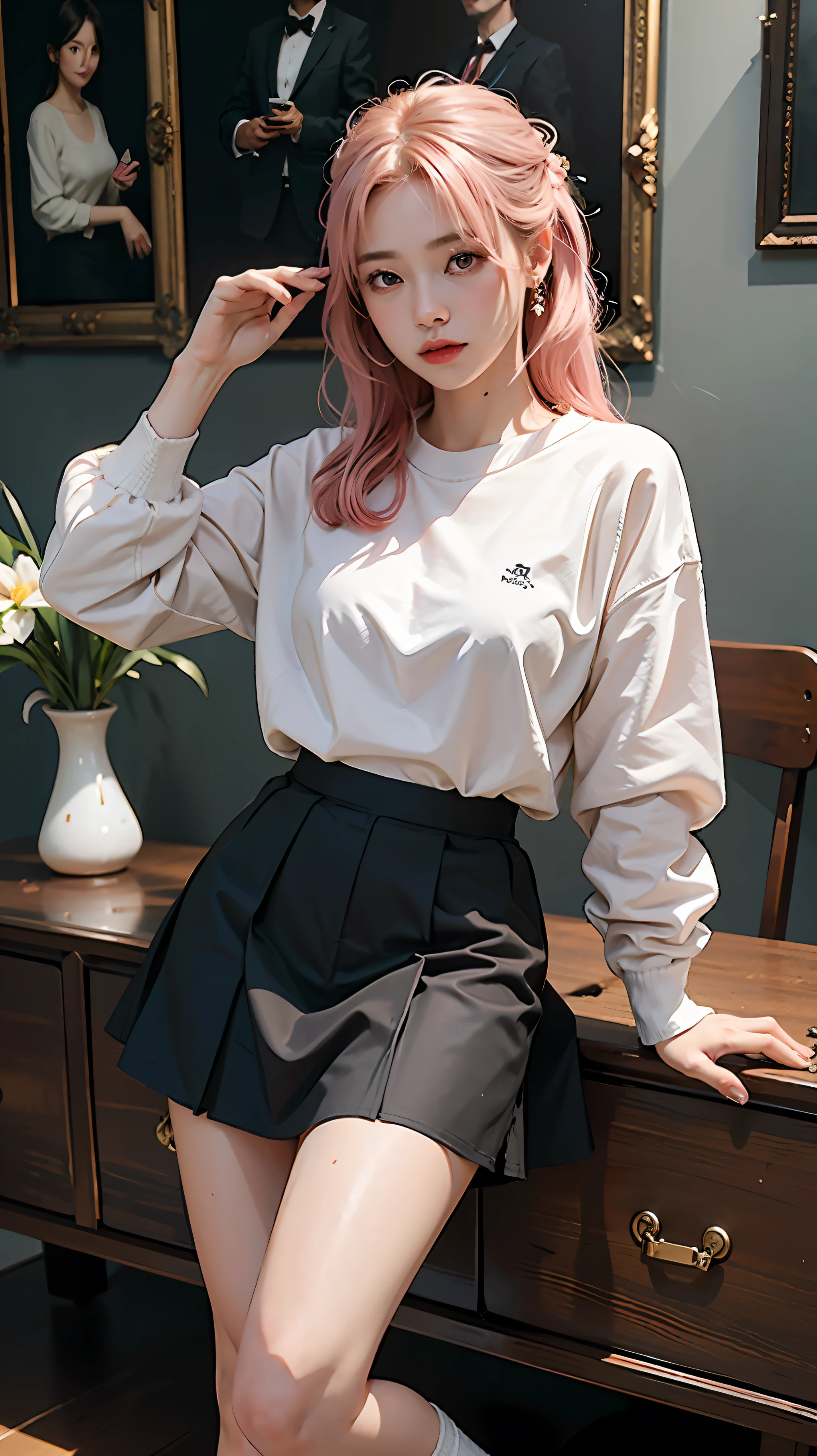 ((masterpiece, best quality)), (full body), masterpiece, perfect face, (thick lines: 1.0), (ultra-detailed: 1.2), (oil painting: 0.9), (extremely detailed CG unit 8k wallpaper: 1.2), soft lighting, koharu, 1girl, pink eyes, ringed eyes,pink hair, blue file, [small breasts|medium breasts] (pink shirt:1.2), sweater, loose socks, white socks, (black skirt:1.15), Looking to the side, looking to the side