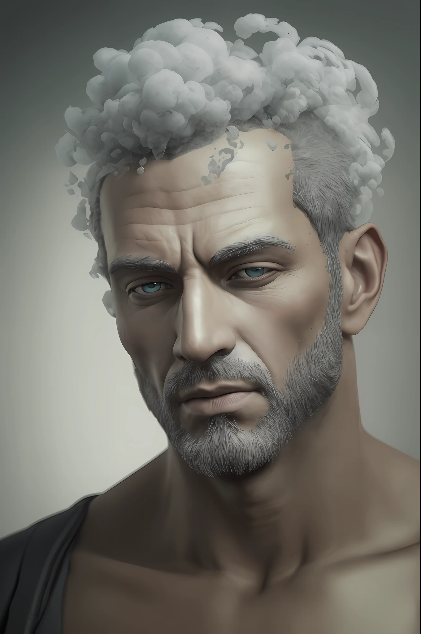 arafed man with a cloud of smoke on his head, digital art inspired by Darek Zabrocki, full body, zbrush central contest winner, full portrait, digital art, humanoid portrait, cinematic bust portrait, portrait of male humanoid, gritty realistic smoke, hyperdetailed fantasy character, digital art 4k unsettling, digital art render, highly detailed vfx portrait, amazing octane render