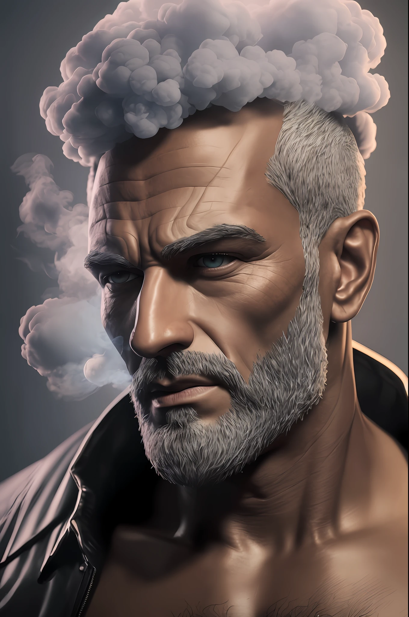 arafed man with a cloud of smoke on his head, digital art inspired by Darek Zabrocki, full body, zbrush central contest winner, full portrait, digital art, humanoid portrait, cinematic bust portrait, portrait of male humanoid, gritty realistic smoke, hyperdetailed fantasy character, digital art 4k unsettling, digital art render, highly detailed vfx portrait, amazing octane render