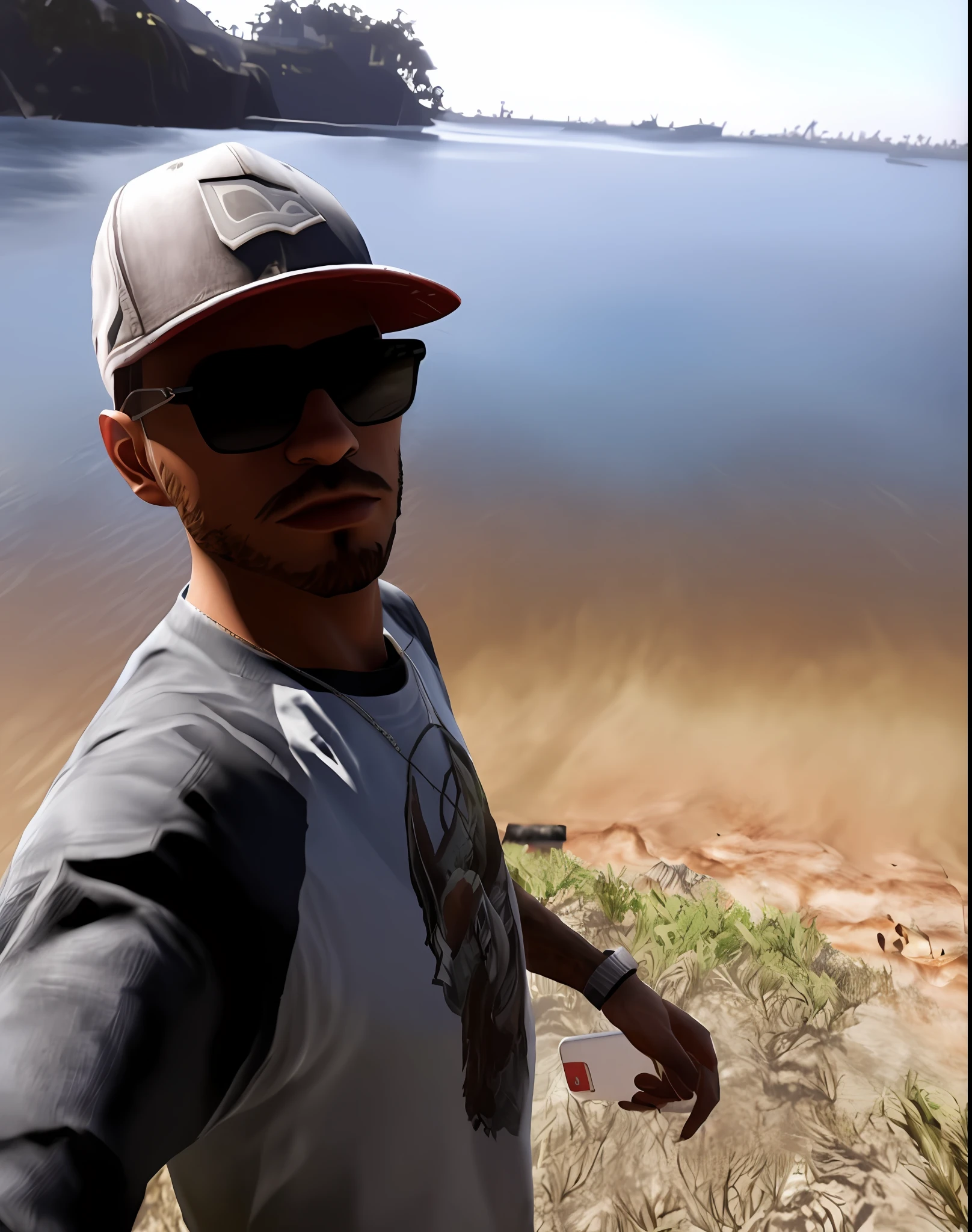 ((Best quality, 8k, Masterpiece: 1.3)), Sharp focus: 1.22, A handsome man, holding an iphone, in the background the sea, with incredible waves, style (gta san andreas) warplanes in the blue sky,