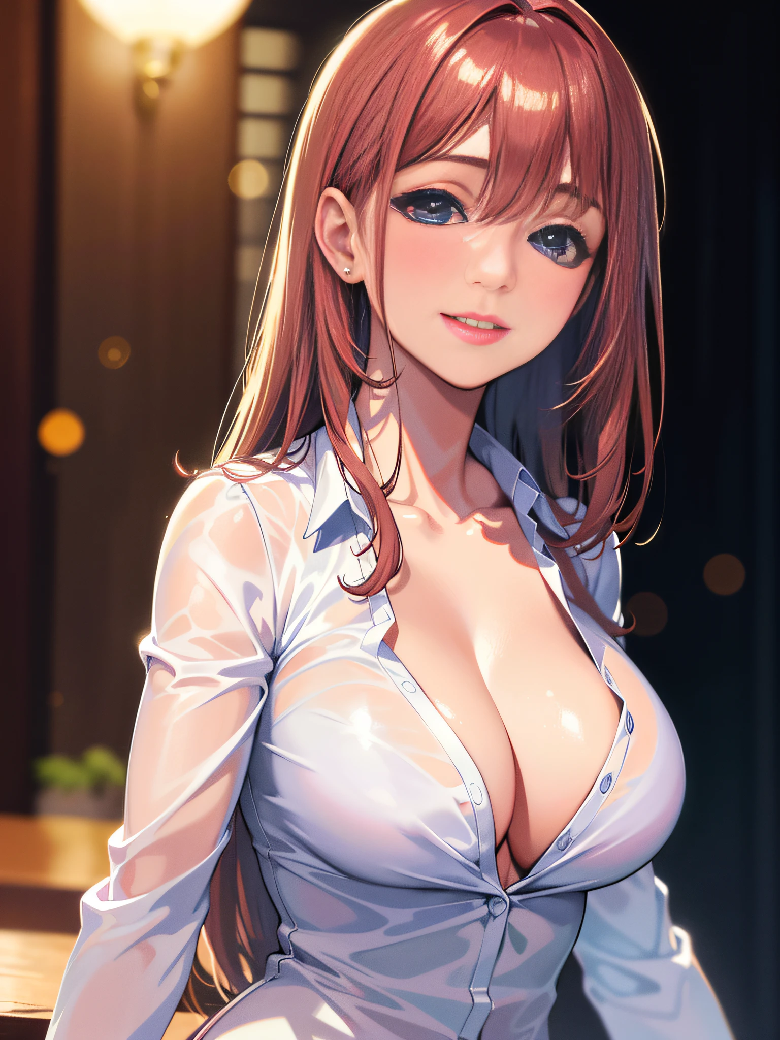 Best quality, masterpiece, ultra high res, (photorealistic:1.4), a beautiful woman, white shirt, medium breast, narrow waist, shiny skin, seductive smile, bokeh