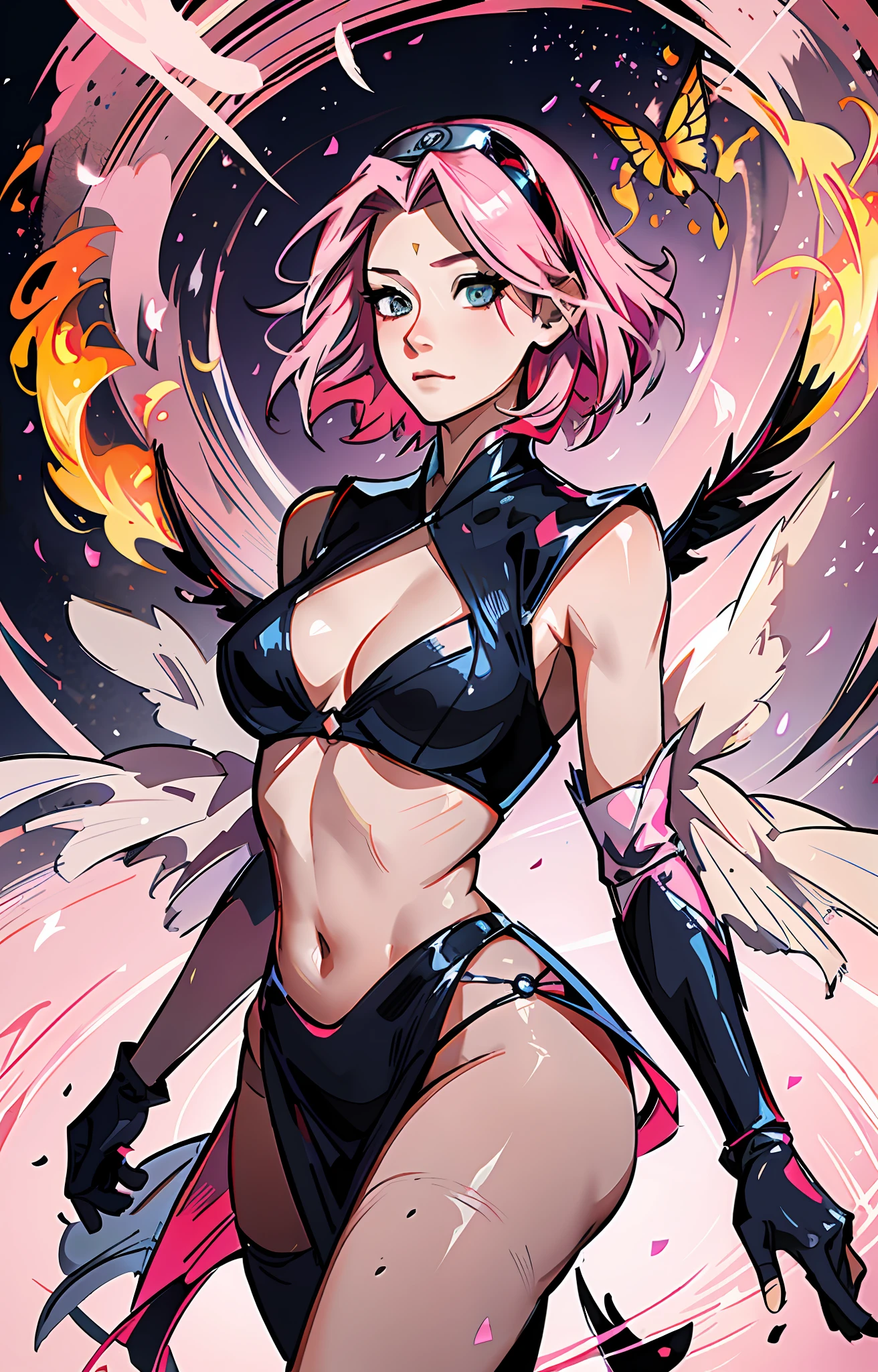 Sakura haruno, ((solo)), alone, ((forehead to show)), elegant, body covered in feathers, pink hair, anthropomorphic butterfly, delicate, young, short hair, detailed face, high definition, ((full body)), (flames around her), whole body, ((flaming)), manipulating fire in a school,fire fairy, winx club, she is a beautiful woman with wings of fire sticking out of her back,  face with high quality, fairy, wings, transformation, magic, magic, enchanted