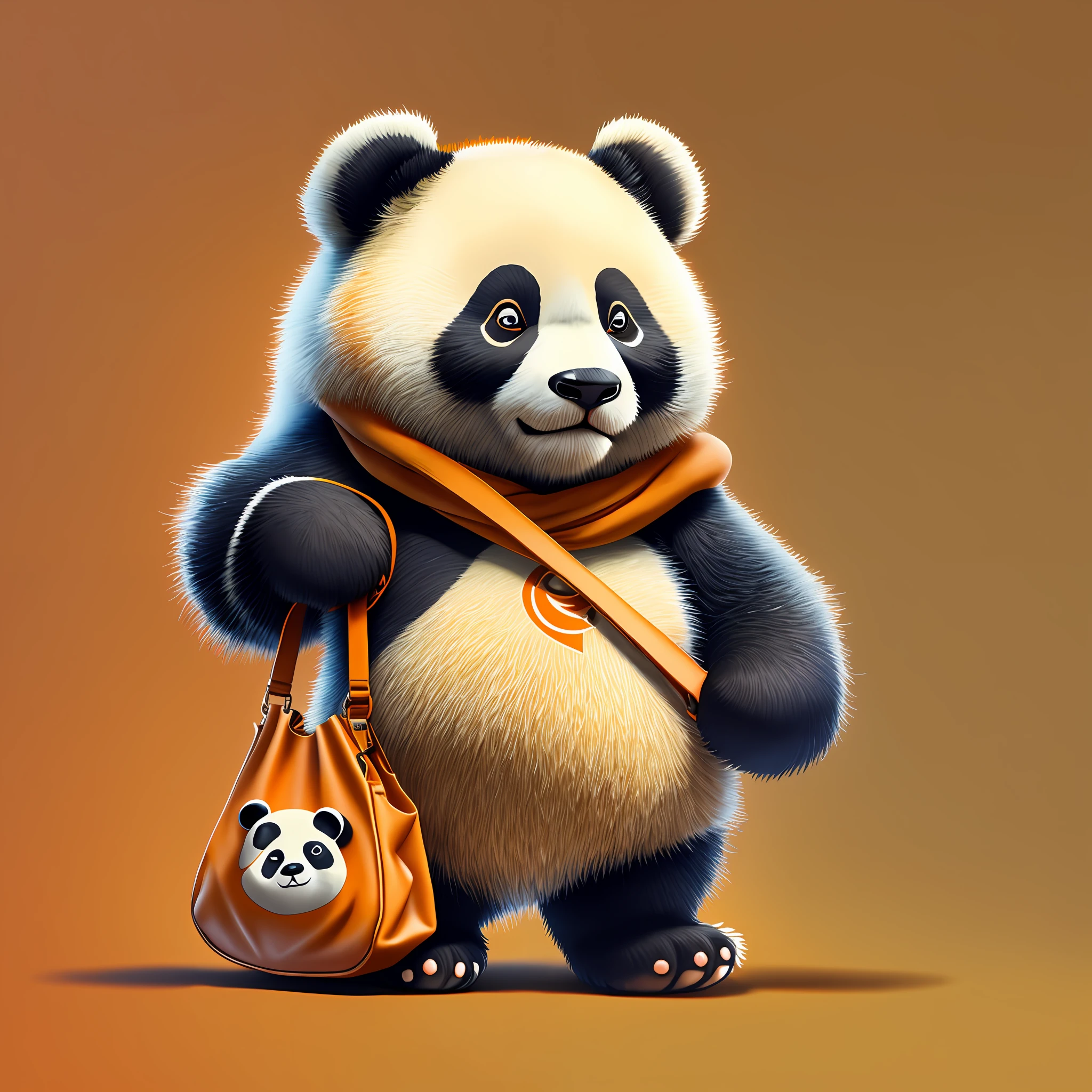 Logo for consultation, figure of a panda, bag in hand, orange bag, neutral background --auto --s2