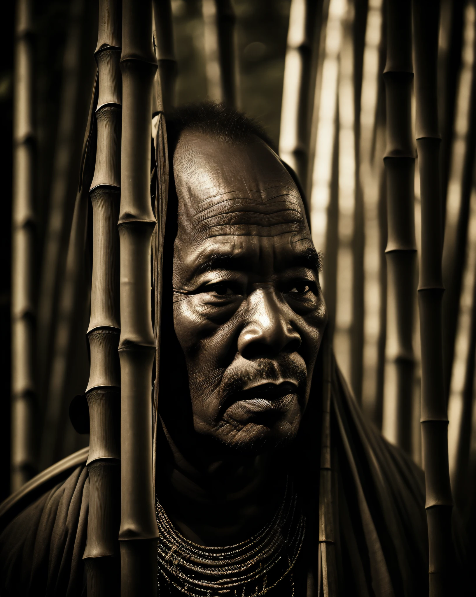 Masterpiece, best quality, photography, film still, Split lighting portrait of a tribe chief in the bamboo, close up, volumetric lighting, dark atmosphere