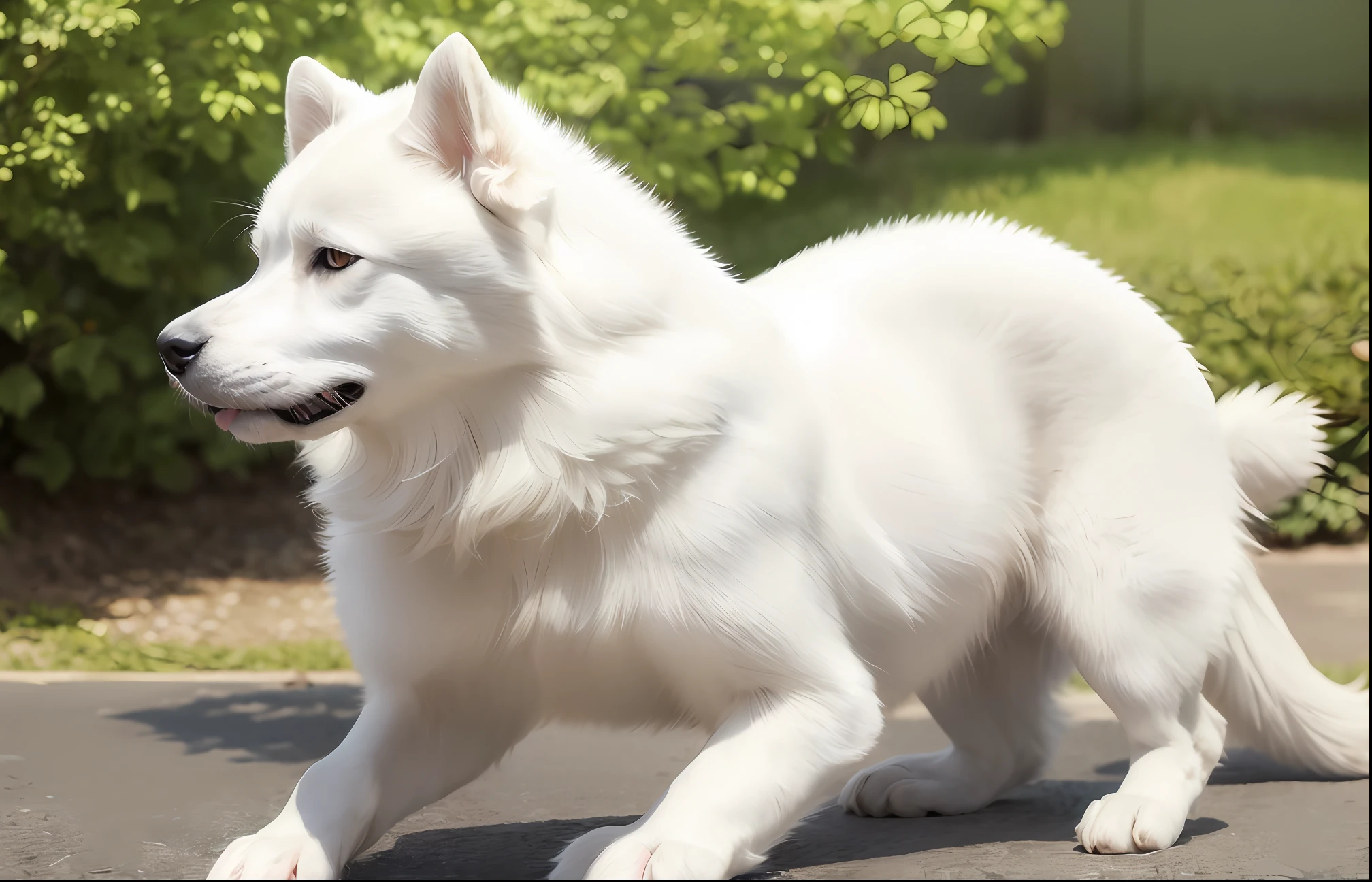 a white dog akita (((SOLO))) , looking forward, well-detailed watercolor background, sharp focus, very detailed tail, details, rich colors, high contrast, perfect light and shadow, film special effects, ray tracing, Tyndall effect, high definition quality, detailed description, fine texture, complex details