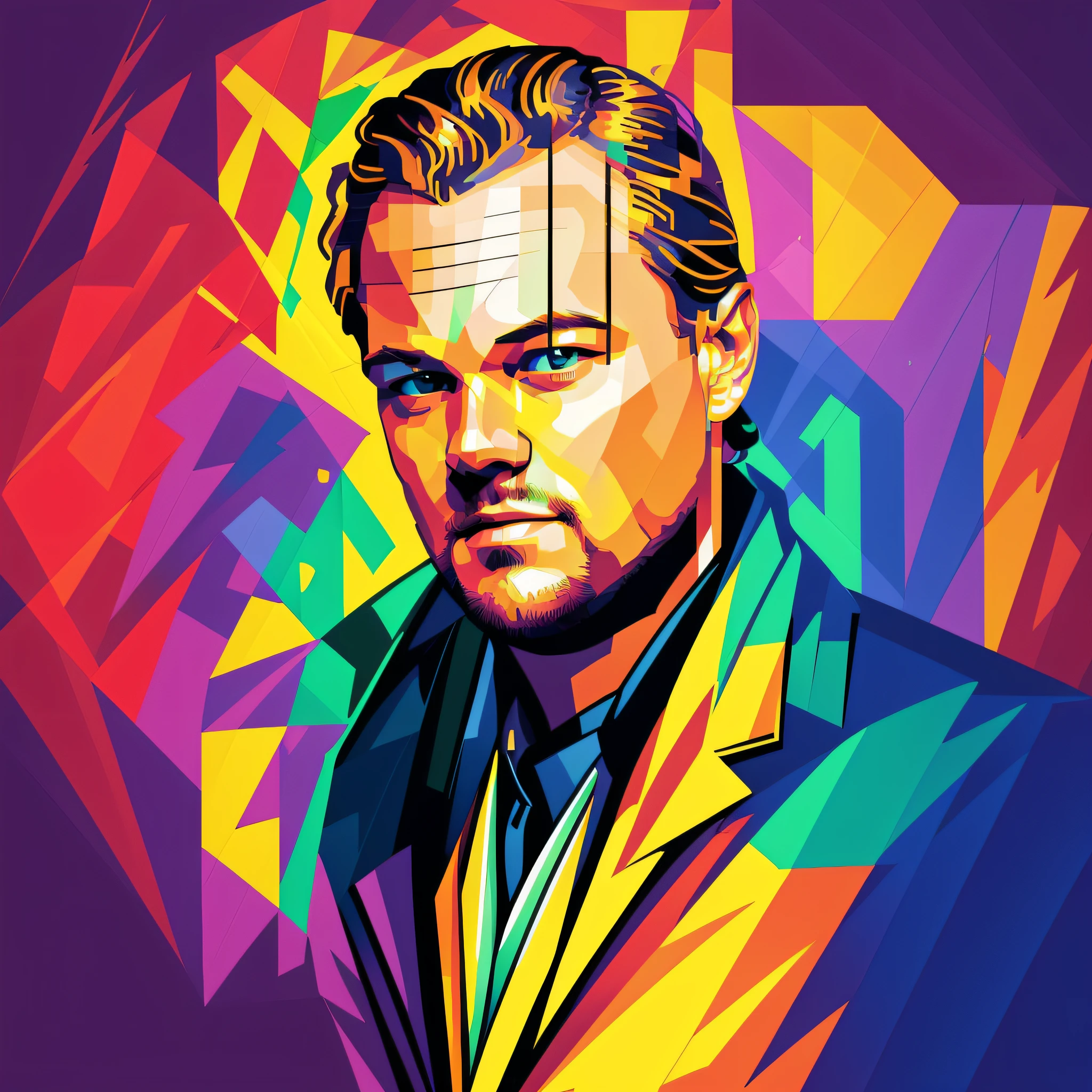 A closeup of a painting of a man, Portrait of Leonardo DiCaprio, WPAP, Color Film Art, Leonardo DiCaprio, Vector Art Style, Leonardo DiCaprio, Vector Art, Vibrant Fan Art, Face of Leonardo DiCaprio, Multicolored Vector Art, Digital Illustration Style, Art by Alessandro Pautasso, Art Masterpiece