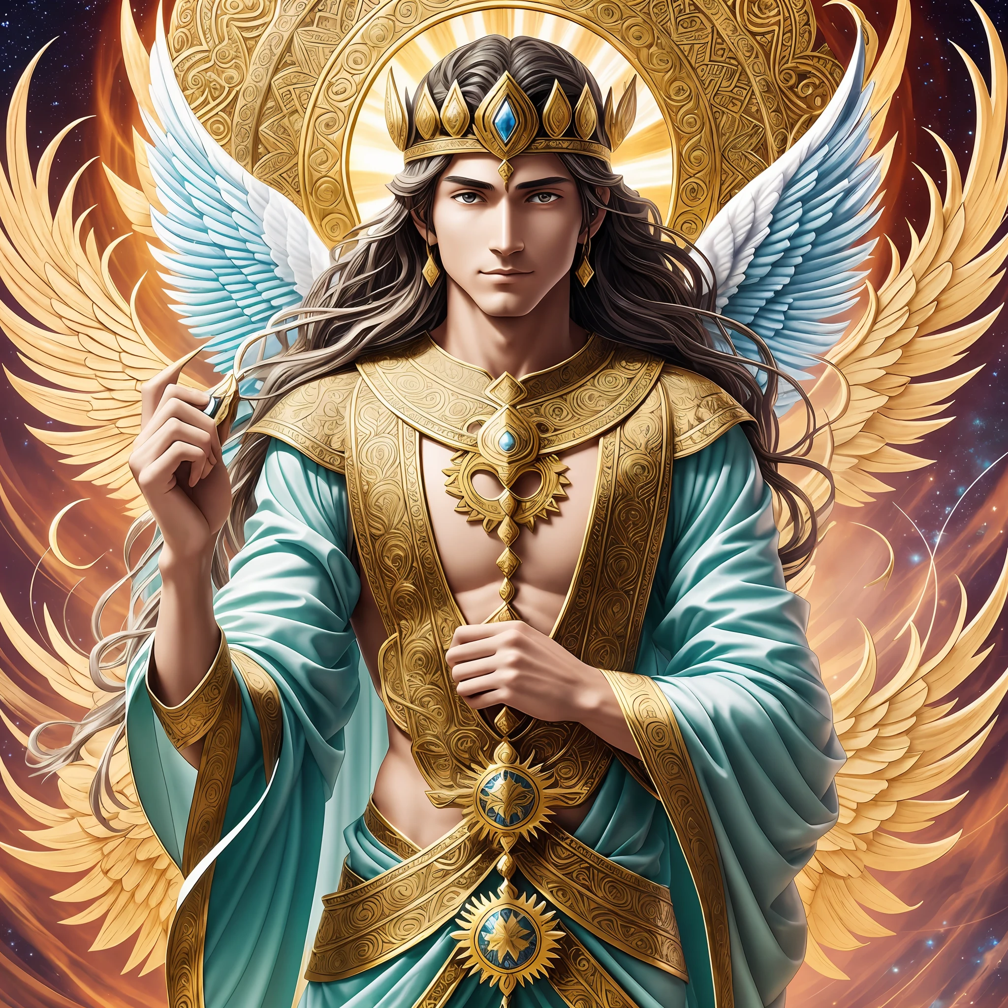 Aermon, the god of humanity and love, is a majestic figure who personifies the essence of inner strength and deep feelings. His appearance is imposing, with a tall, angelic stature that radiates power and grace. Her hair is golden as the sun, flowing in gentle waves over her shoulders. His eyes are of a piercing tone, reflecting the wisdom accumulated through the ages. In them, it is possible to glimpse a unique brilliance that combines compassion, determination and a touch of mystery. His serene expression conveys a sense of tranquility and welcome to those who encounter him. Aermon is dressed in a flowing tunic of white, translucent fabric, which seems to capture the very essence of light. His garment is decorated with subtle embroideries that represent symbols of unity, victory, and the divine aspects of humanity. On his chest, a gleaming brooch, ornamented with precious stones that sparkle in soft shades of blue and green, symbolizing the connection with nature and the stars. In his hands, Aermon holds a staff carved in noble wood, adorned with details that represent the elements of earth, fire, water and air. The staff emanates a comforting aura, conveying the healing and protective capacity that Aermon offers his followers. Around him, a bright, serene aura surrounds Aermon, radiating warmth and unconditional love. It is as if the very presence of the god embraces the afflicted hearts, conveying courage and hope, ultra realistic, 8k --auto --s2