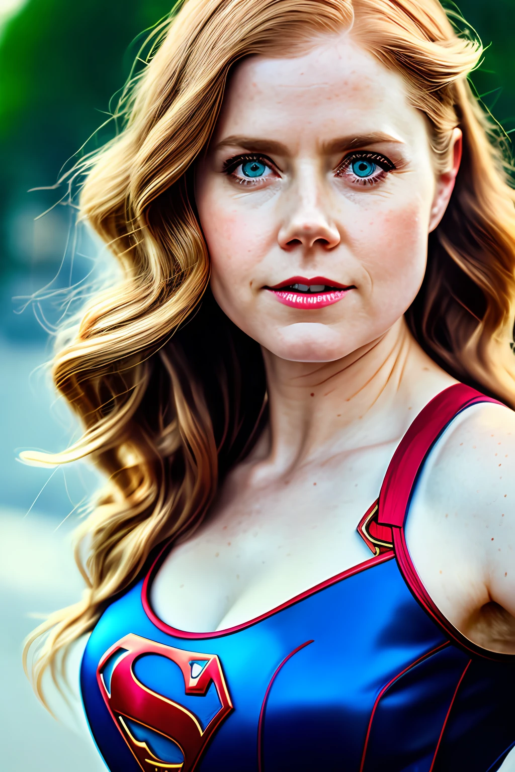 Amy Adams, 26 years old, panties, highly detailed Supergirl cosplay, perfect and realistic face and body, realistic photo in superhero pose, shot in dslr, long hair, detailed face, cinematic, maximum detail, soft cinematic light, blue oupa with red details, hyperdetail, masterpiece, 8k, wallpaper, (detail), hdr, high quality, ((high skin detail, skin detail)), sharp focus, 8k uhd, DSLR, high quality, film grain