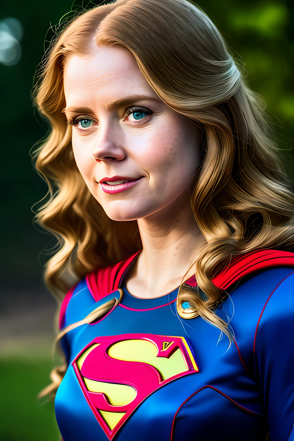 Amy Adams, 26 years old, panties, highly detailed Supergirl cosplay, perfect and realistic face and body, realistic photo in superhero pose, shot in dslr, long hair, detailed face, cinematic, maximum detail, soft cinematic light, blue oupa with red details, hyperdetail, masterpiece, 8k, wallpaper, (detail), hdr, high quality, ((high skin detail, skin detail)), sharp focus, 8k uhd, DSLR, high quality, film grain