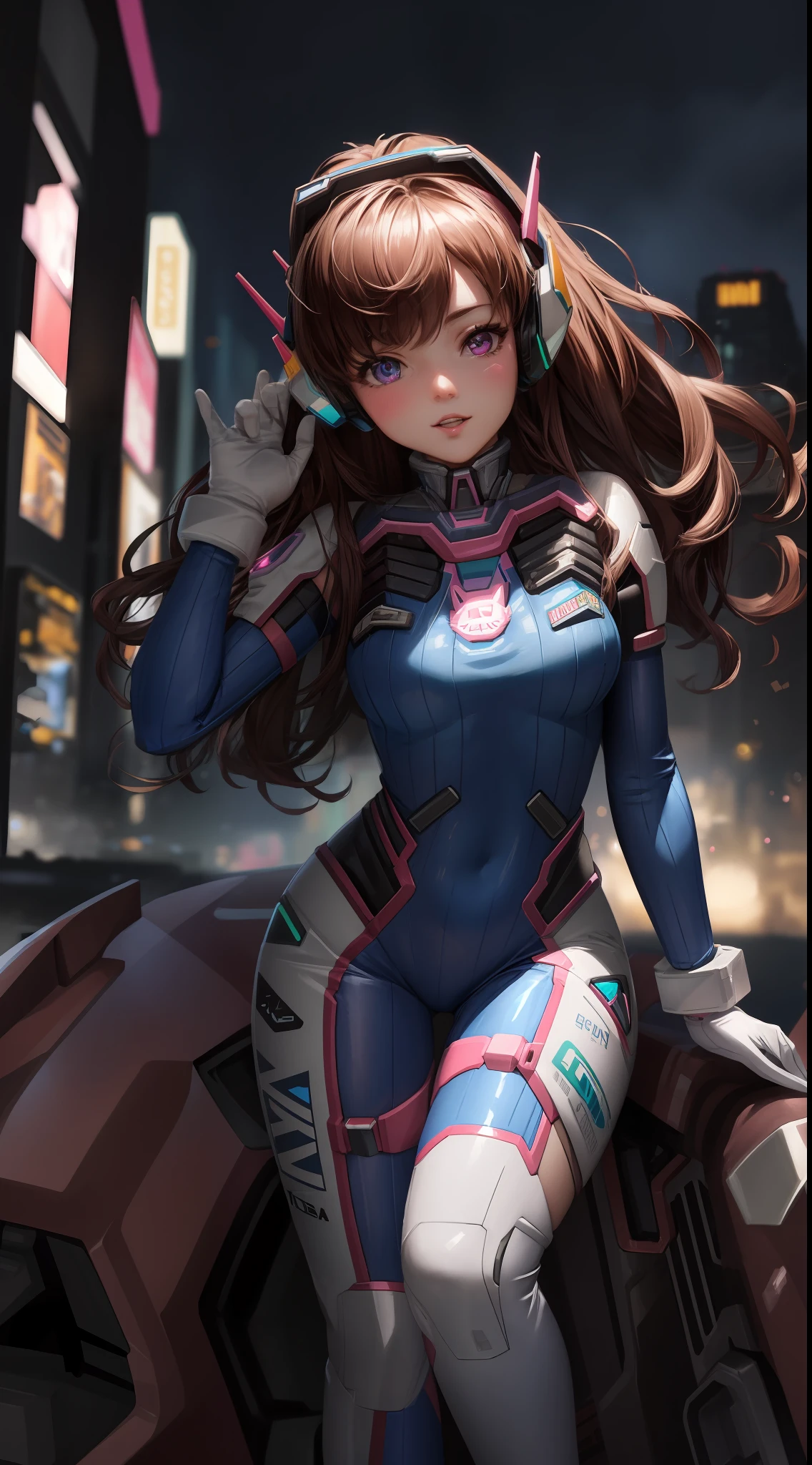 Masterpiece, Best Quality, High Resolution, 1Girl, Ultra High Resolution, Solo, Mecha Pilot, D.VA, Headphones, Pink Eyes, Cat Face Adornament, Blue Tights, Brown Hair, White Gloves,