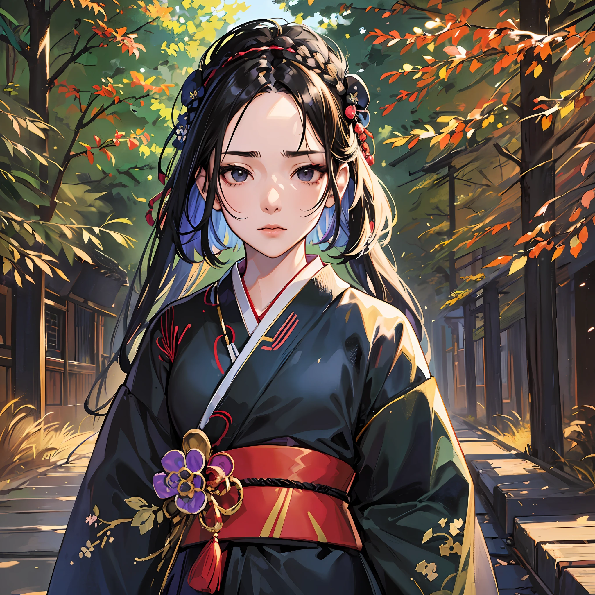 ((Best Quality)), (Super Detail), 1girl, anime, black hair, long, no bangs on the forehead, black eyes (((very beautiful)), strong expression, subaru_kimono, Cinematic Light, Japanese forest, (mystical environment) --auto --s2
