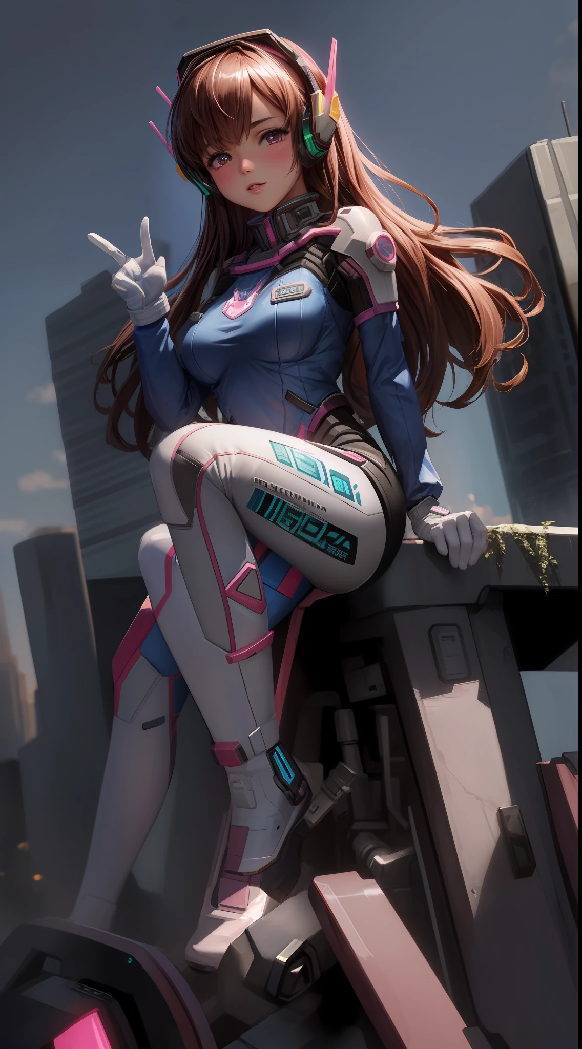 Masterpiece, Best Quality, High Resolution, 1Girl, Ultra High Resolution, Solo, Mecha Pilot, D.VA, Headphones, Pink Eyes, Cat Face Adornament, Blue Tights, Brown Hair, White Gloves,