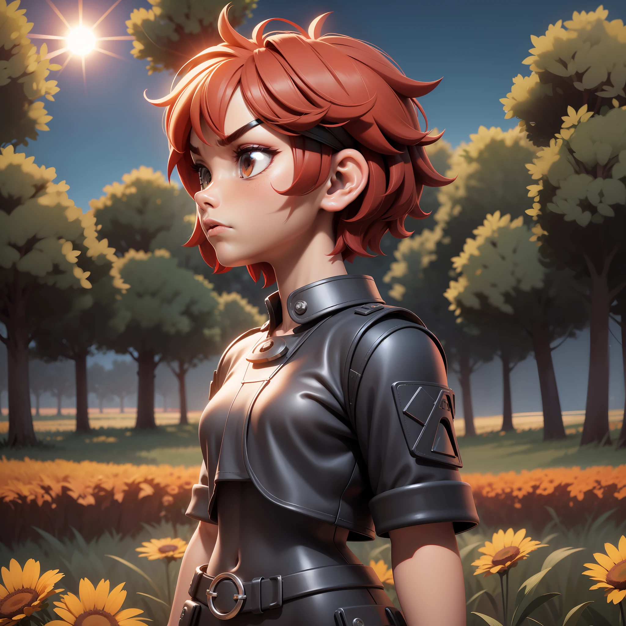 An angry, angry, angry, short-haired, red-haired, black-clad little girl, standing in the middle of a sun-soaked field. The illustration is a high-definition illustration in 4K resolution with highly detailed facial features and cartoon-style visuals.