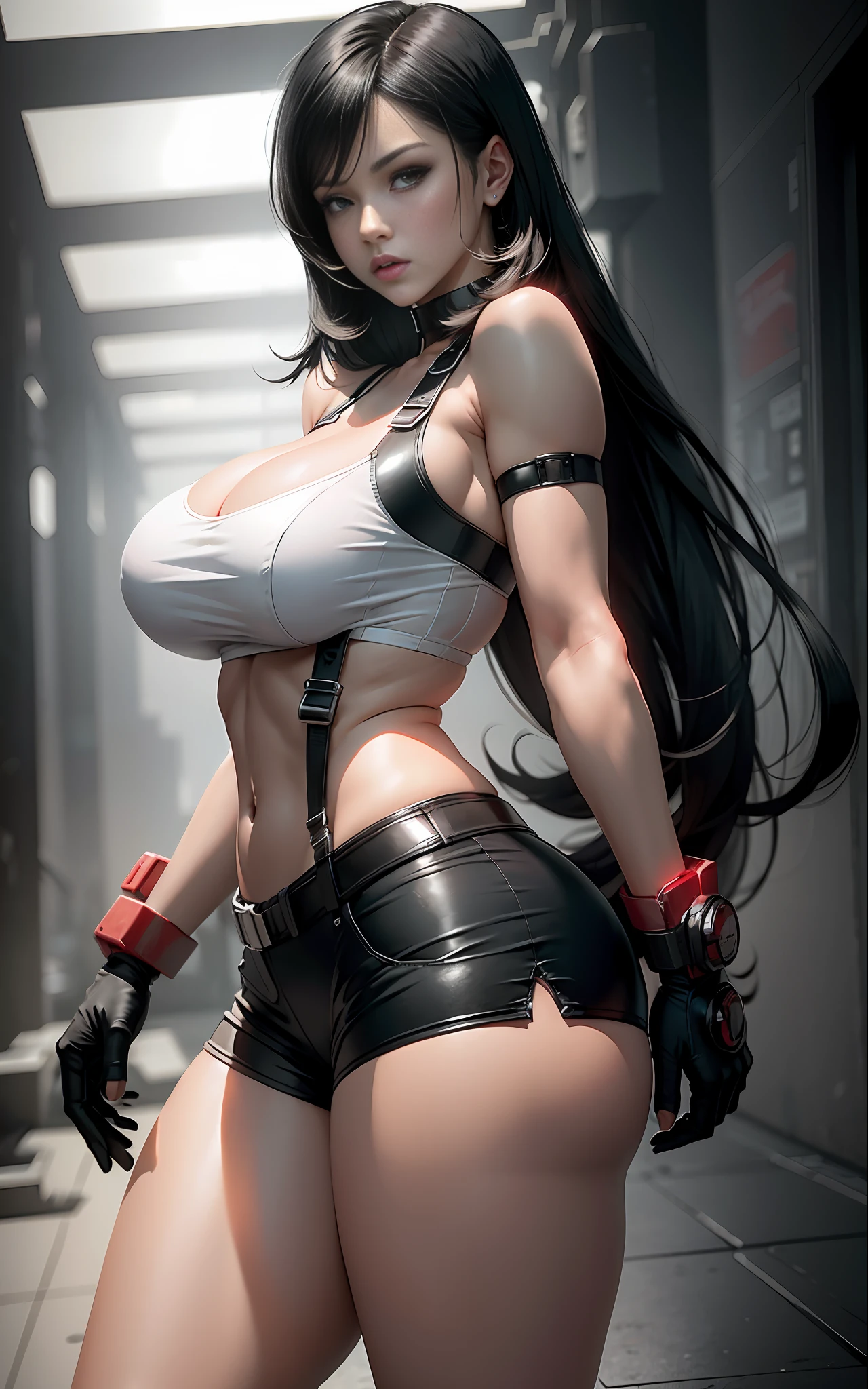 Woman body defined thick thighs cybernetic body parts, short underwear, tifa lockhart, long straight black hair, red eyes, (huge breasts: 1.5) white bra, black booty shorts, gloves