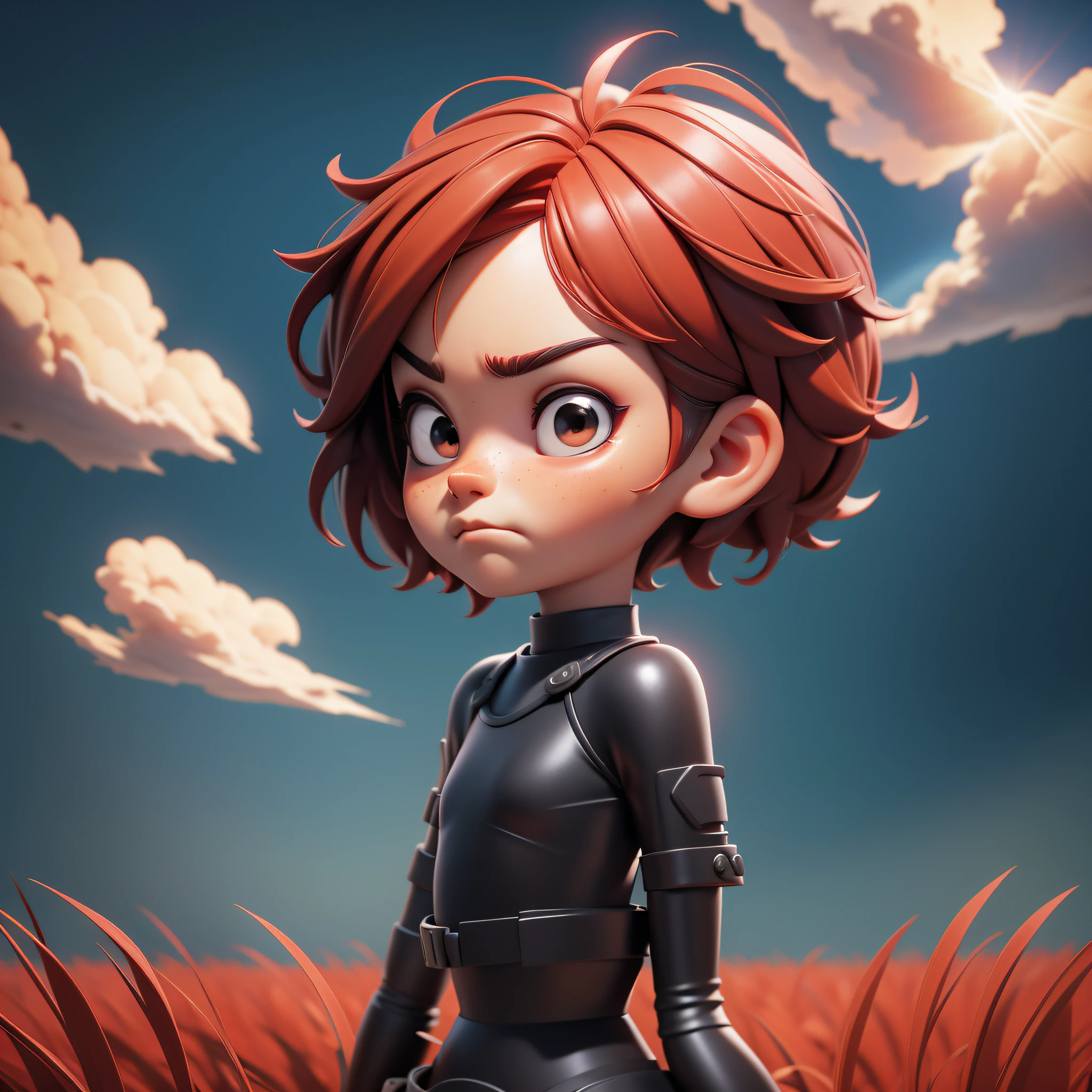 An angry, angry, angry, short-haired, red-haired, black-clad little girl, standing in the middle of a sun-soaked field. The illustration is a high-definition illustration in 4K resolution with highly detailed facial features and cartoon-style visuals.