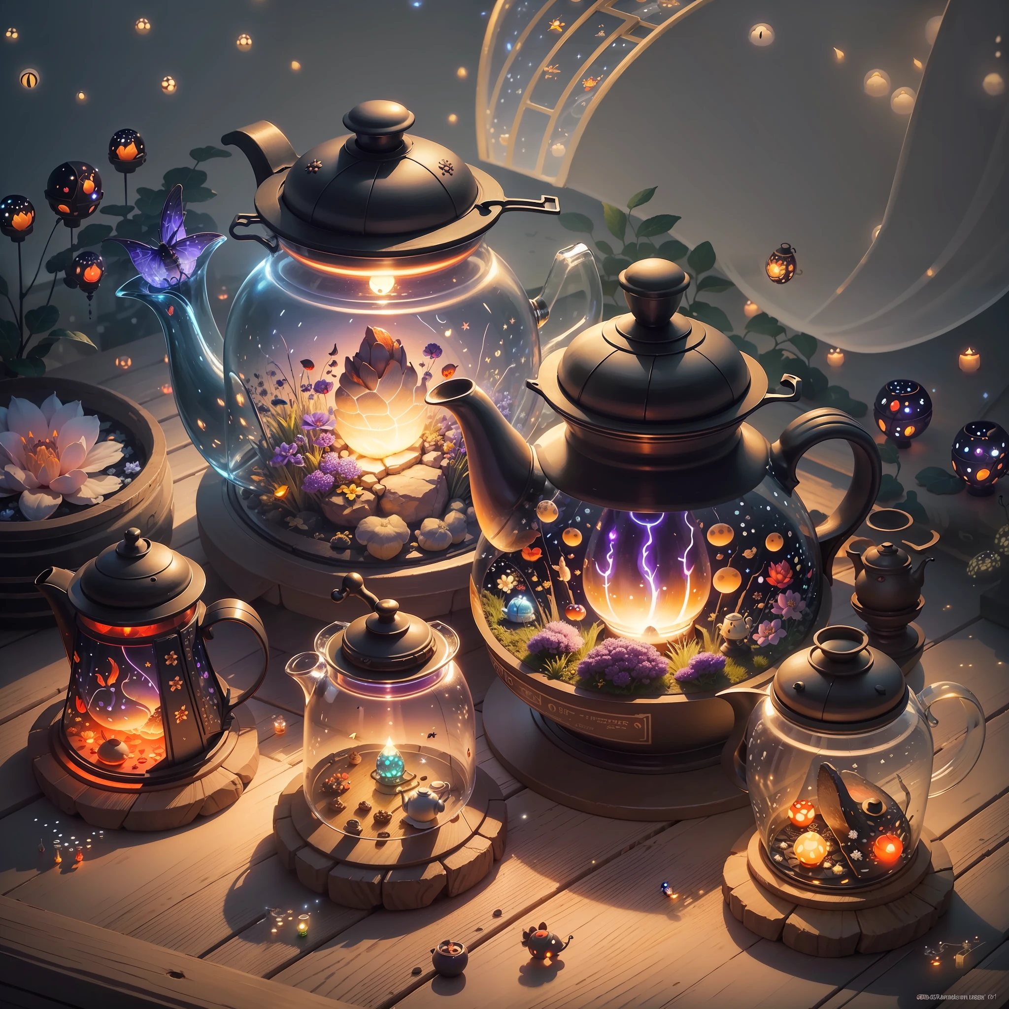 Computer, Extensive landscape ultrasound photography glass teapot, flowers, fire, fly agarics, fireflies (general view, which shows a teapot with petals), inside the teapot sea (ultradetailed), full moon, (detailed), firefly (detailed), night night, reflection of the moon, (1:3), fireflies (1:3), BREAK production art, (cold light source:1.2), (Firefly:1.2), purple, fire particles, colors, complex details, volumetric lighting, realistic fantasy BREAK (masterpiece:1.2), (Best Quality), 4K, Ultra Detailed, (Dynamic Composition: 1.4), High Detailed, Colorful Details, (Gloomy Colors: 1.2), (Luminous Lighting, Atmospheric Lighting), Gloomy, Dark, Magical --auto --s2