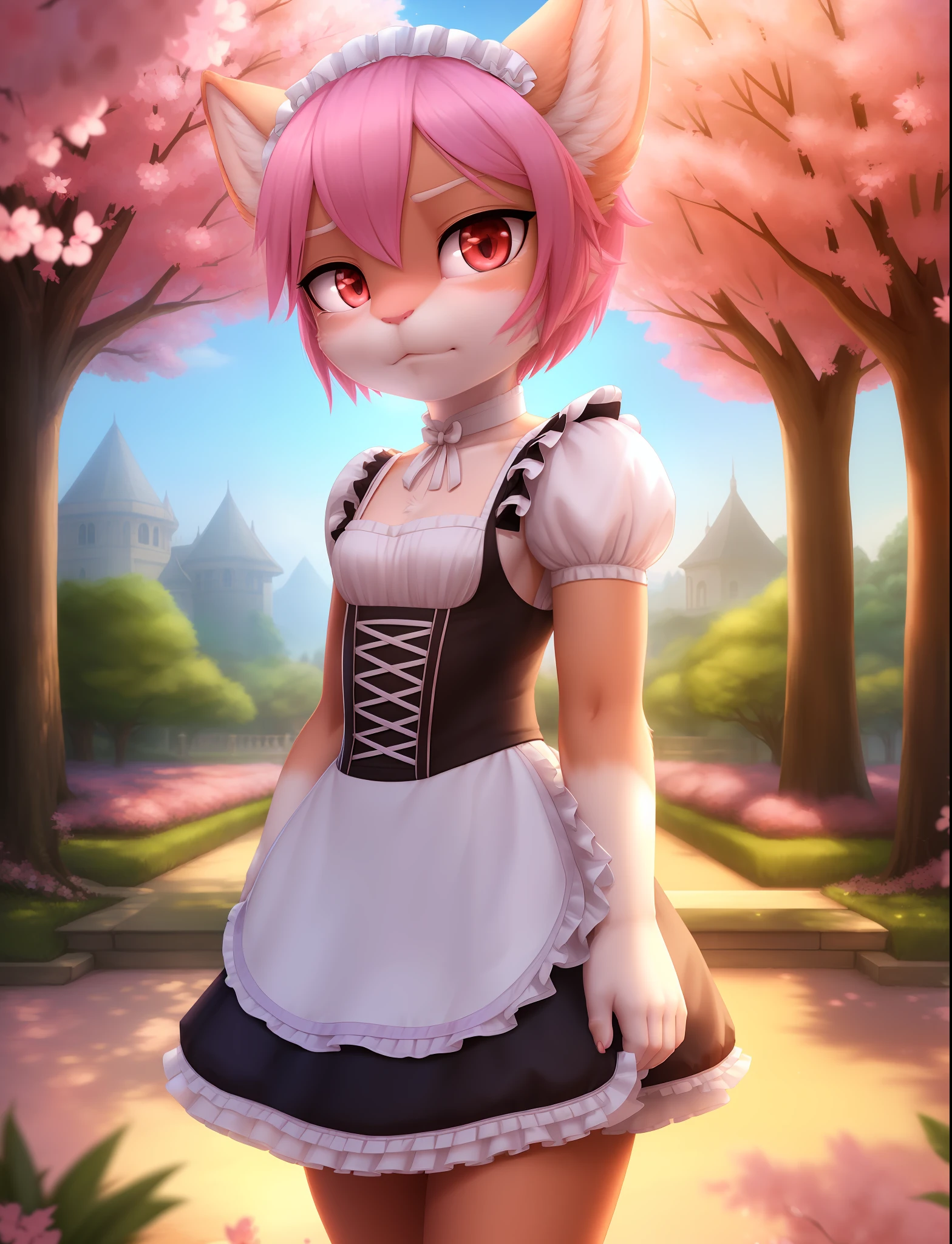 masterpiece, best quality, ultra-detailed, illustration, epic lighting, cinematic composition, colorful, sidelighting, lustrous skin, realistic, 3d face, (finely detailed beautiful eyes: 1.2), 1girl, Ram_ReZero,cute, small breasts, pink hair, short hair, (hair over one eye:1.3), eyes_visible_through_hair, red eyes:1.2, roswaal_mansion_maid_uniform, annoyed, angry, disgusted, standing, from the side, close-up, fantasy, summer, sakura trees, sakura leaves, garden, sunlight, peaceful, serenity, (8k:1.1),