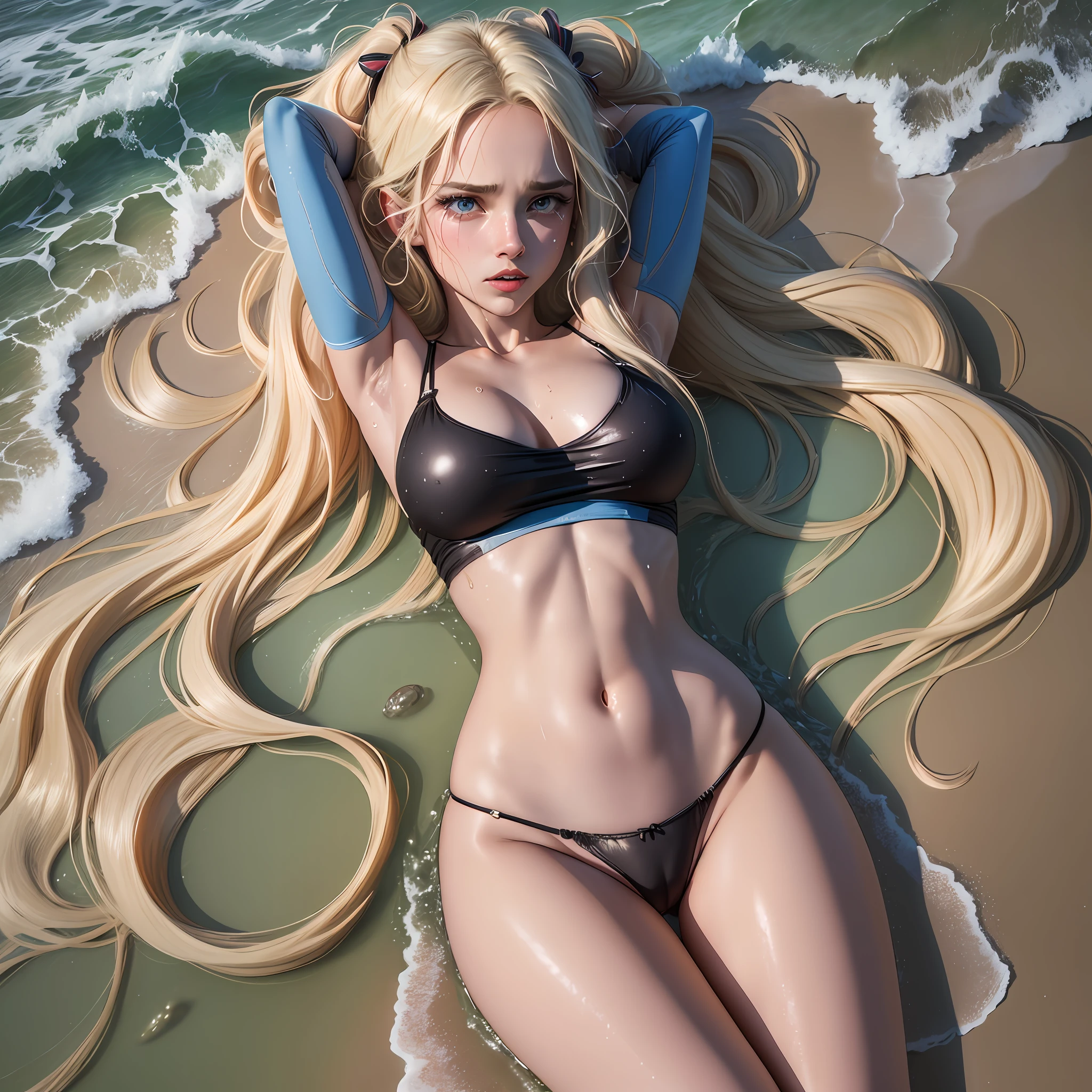 Beautiful girls on the beach, banana in the crotch, intimate hair visible, blonde with pigtails, legs spread, sexy pose, sexy girls in sexy swimsuits, super quality, realistic photo, wet skin, high detail, moans from pain, feeling pain, tears flowing, pain, crying from pain, bust of Botox, 8k highly detailed realistic ((whole body, including legs)), beautiful 18 year old sweaty girl with ((sharp jawline)) and perky tits, wet skin and hair, large breasts, long straight hair, bare lower body, torn, no panties, shirt covered lively), finger under panties, perfect body, open (perfect body), fashion photorealism, high-definition system details, photography, sharpness, unique 850 4, Koda850K portrait camera, f1.6 lens, rich color, hyper-realistic texture, spectacular light texture, surreal art, Cinestil 800 fashion movement, frightened and crying, covered with tears, obeying pain, moaning, correct anatomy, beautiful symmetrical body
