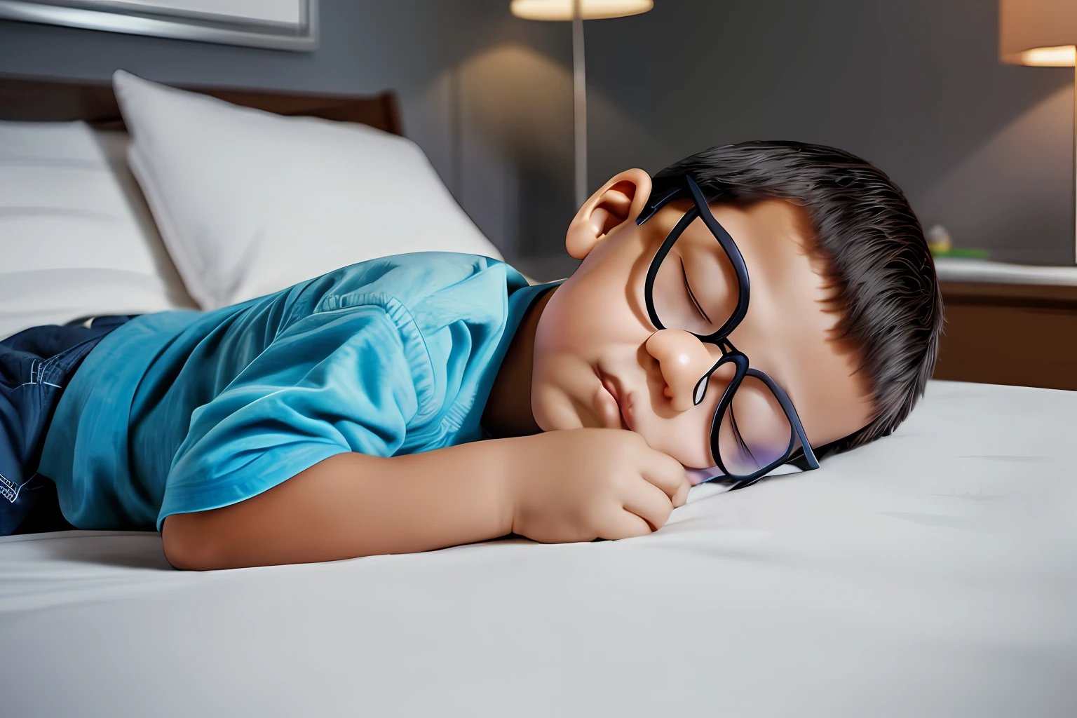 guttonerdvision3, Create an illustration that depicts a 3-year-old boy wearing glasses, lying peacefully on his bed. He's tucked in comfortably, his head resting on a pillow, sleepy. The room is adorned with shelves filled with stuffed animals, creating a cozy and playful atmosphere.

Outside the house it's dark night. The lighting in the room is minimal, coming only from a bedside lamp. The rest of the room is shrouded in darkness, with the only light illuminating the immediate surroundings of the sleeping boy. The window is covered by a thin curtain, allowing a subtle glow from the outside to filter inward.

Pay meticulous attention to detail as you capture the features of the boy's face, the texture of his skin, and the way his glasses rest on his nose. Render the softness of the bedding and the comfort of your sleep with delicate brushstrokes, creating a sense of tranquility.

Shelves full of plush toys should be depicted with meticulous precision, capturing the different textures and colors of each stuffed animal. Use shading techniques to convey depth and three-dimensionality, bringing the scene to life.

Incorporate the realism characteristic of Alex Ross' art style by paying attention to lighting and shadows. Play with subtle highlights and shadows to create a sense of depth and dimensionality throughout the illustration. Make sure the composition and proportions are accurate and visually appealing.

The end result should be a highly realistic and detailed illustration that depicts the tranquility and innocence of a 3-year-old boy sleeping peacefully in his decorated bedroom. The artwork should evoke a sense of serenity and tenderness, capturing the unique style and attention to detail that recalls the work of Alex Ross.