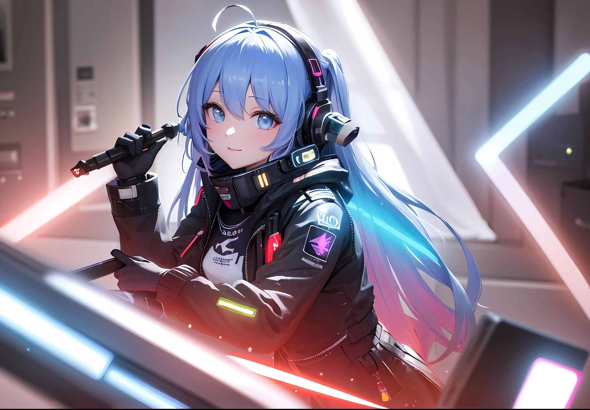 (masterpiece:1.5),(best quality:1.5),(ultra-detailed:1.5),illustration,(1girl:1.5),(solo:1.5), beautiful detailed eyes, cyberpunk 2077,Indoors,concept art,nightcity,anime,lora,portait, upper body, close up, blue eyes,perfect face,lustrous skin,medium hair,beautiful detailed eyes,beautiful flowing hair, Nude, nipple, blue hair, smile,(bloom),lighting, ray tracing,outdoors,neon lights, light particles,absurdism,hair ornament, hair ribbon,looking at viewer,ahoge,small breasts, (deep depth of field:1.5),