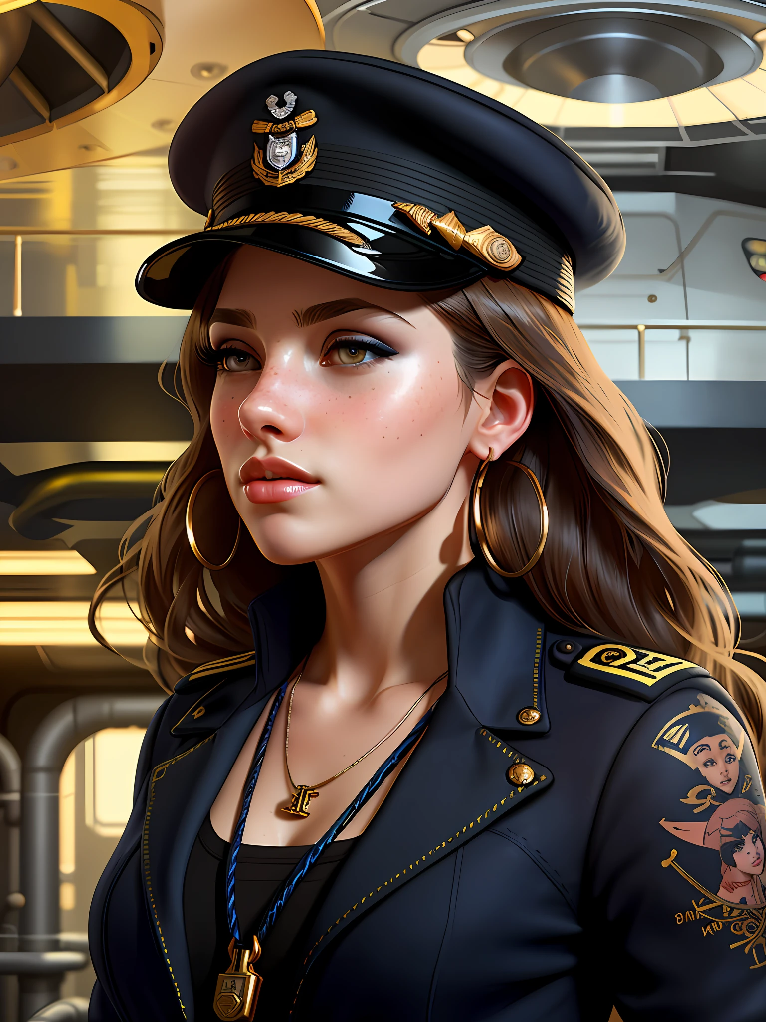 (sexy: 1.1), 1girl, solo, skinny, (hip_lines: 0.9), very_long_hair, navy captain, wearing (navy uniform 1.3), wearing navy hat, cleavage, beast_focus, real skin, (nose freckles: 0.7), goosebumps, (tattoo: 0.6), detailed eyes, Look Far Away, Makeup, Lip Liner, Winged Eyeliner, Hoop Earrings, (Gloss: 0.6), Navy Ship, Shipboard, Radar, Instrumentation, Metal, Pipe, Tools, 8k Resolution Concept Art, Portrait, Alphonse Mucha, WLOP, Dynamic Lighting, Ultra Detail, Intricate Detail, Splash Art, Artstation Trends, Triad Color, Unreal Engine 5, Volume Lighting, Small UFO Background