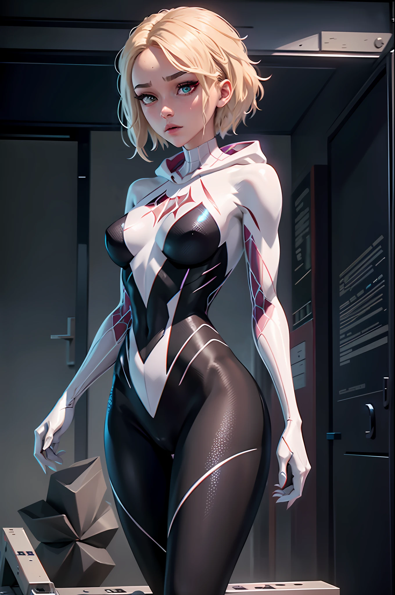 Gwen, Ghost Spider, organic-looking clothing, symbiote, eyes, fine art, PS5 cinematic screenshot, highly detailed detailed cinematic rendering, ultra photorealistic raytricing, with cinematic lighting
