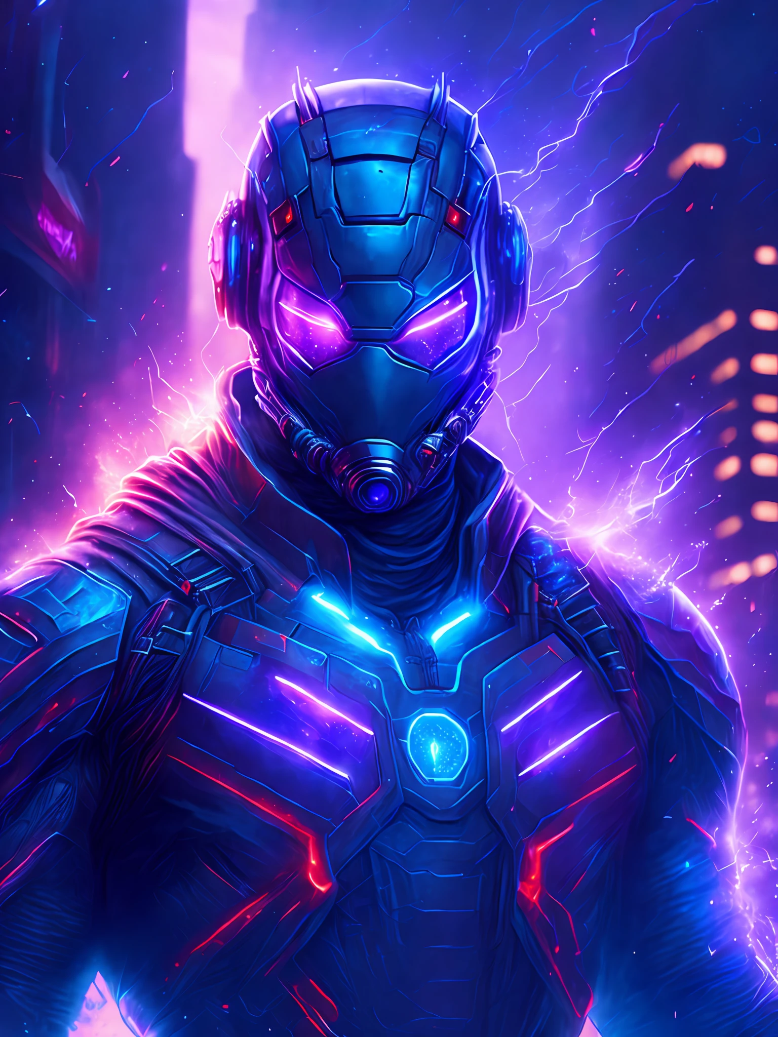 gloomy portrait of Ant-Man from Marvel, extremely detailed, futuristic cityscape, nighttime, glowing neon lights, smoke, sparks, metal shavings, flying debris, blue energy effects, volumetric light