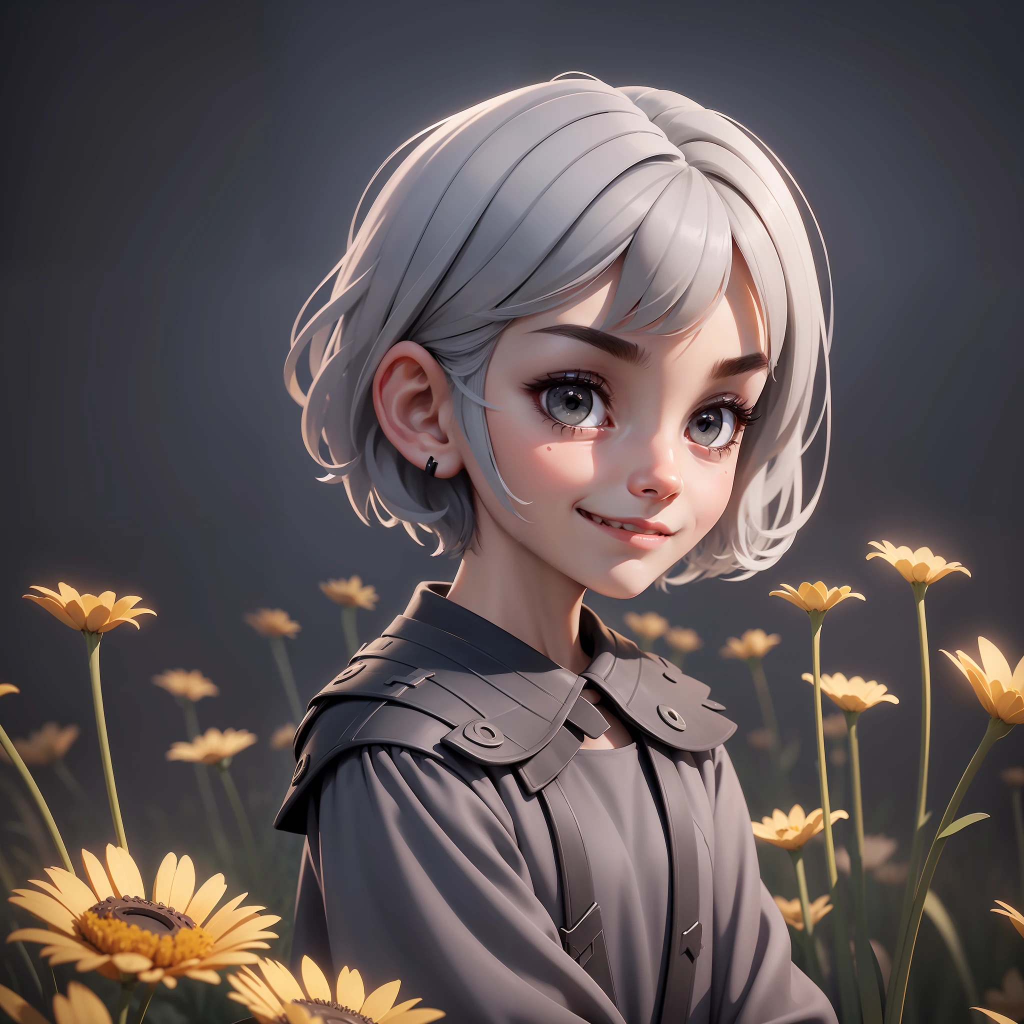A very thin little girl, evil smile, thin face, gray hair, short hair, with black clothes and golden details, standing in the middle of a field of dead flowers. The illustration is a high-definition illustration in 4K resolution with highly detailed facial features and cartoon-style visuals.