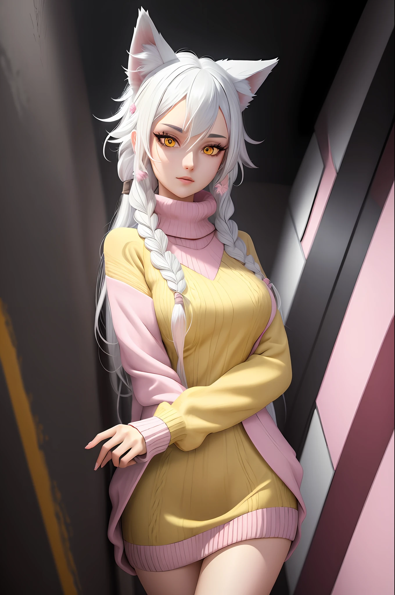 (((Masterpiece))), best quality, ultra-detailed CG unity 8k wallpaper, woman, black hair, white hair, wolf ears, yellow eyes, (pink sweater:1.2)