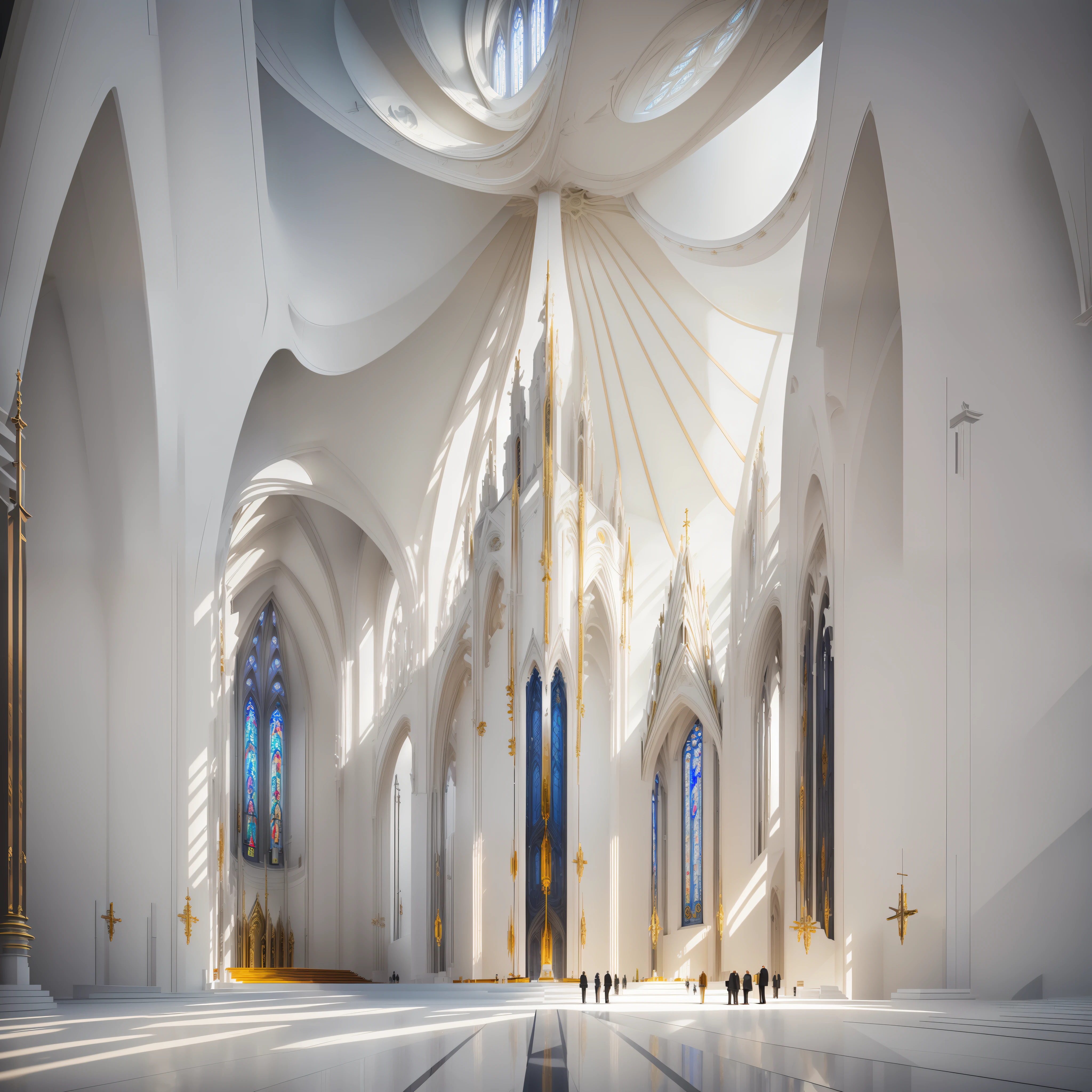 In this innovative image, a church is represented as an imposing and majestic structure, suspended in the air, as if defying gravity. The architectural construction is modern and minimalist, with elegant lines and transparent glass, allowing natural light to illuminate the sacred interior. This unique representation combines the sacred and the heavenly, conveying a sense of transcendence and spiritual connection.