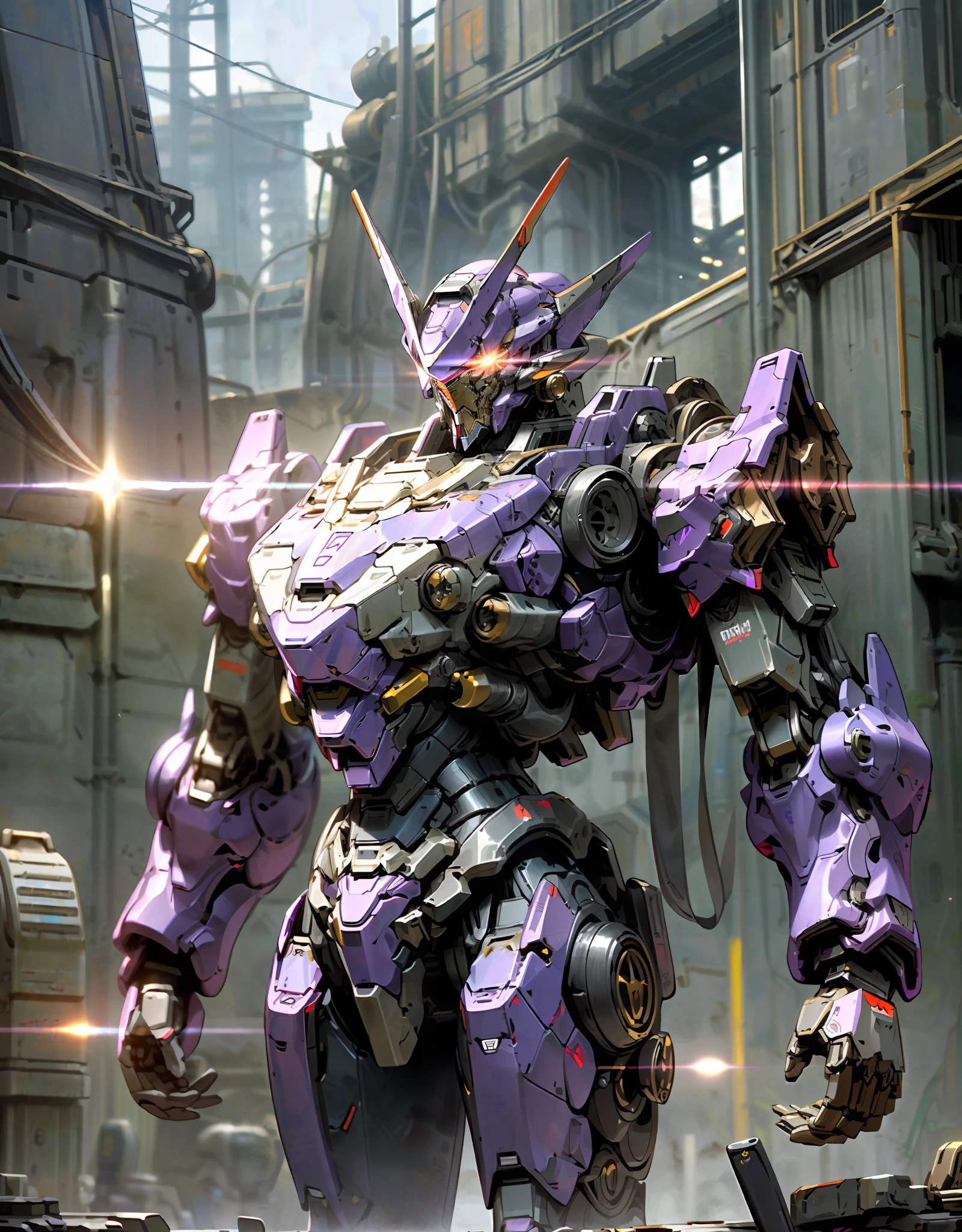 ((High graphics)), 1 vanguard droid, solo, one big red eye, dark purple Decepticon droid, standing, (massive well-protected mecha armor), intricate glowing mecha armor, full-body mecha suit, mecha costume, full-body mecha robot, mech body, cyber mech, mecha armor, smooth purple armor, ruined city