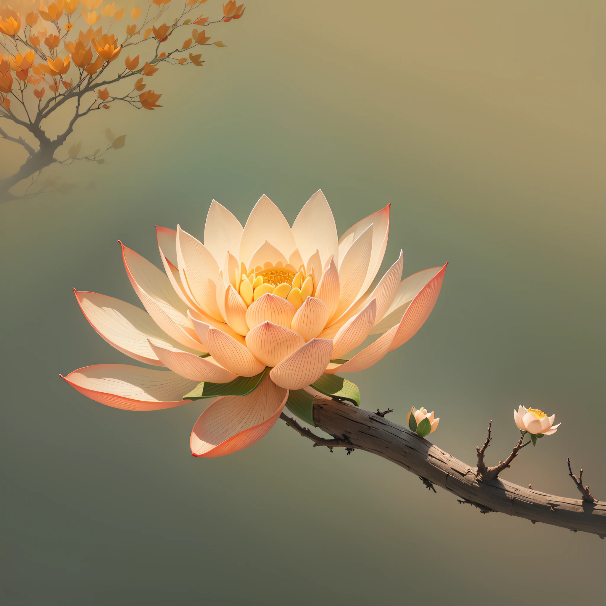 Lotus flower blooming on a twisted branch against a gray background, simple background, in light orange and light beige style, minimalist images, photographic installations, paleocore, green and crimson, hyper-realistic poetic intimacy 768X2048 --auto --s2