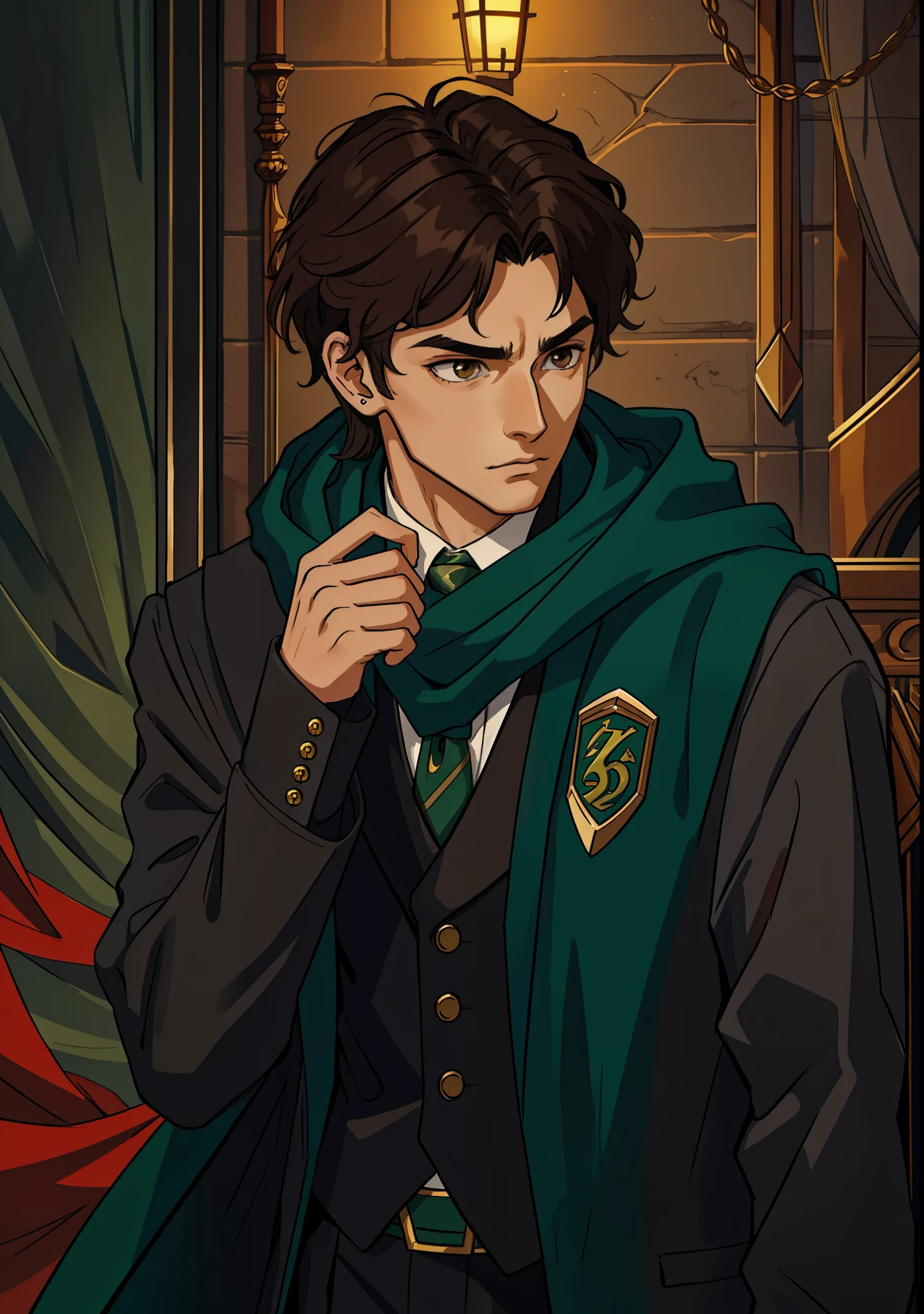 (masterpiece, best quality), intricate details, 8k, artstation, wallpaper, official art, splash art, sharp focus,
1boy, short mullett hair half pointy, brown eyes, black hair with red locks,
Wearing a Slytherin/Slytherin suit with a gray striped Slytherin scarf with dark green, eyebrow and mouth piercing, brown skin
Hogwarts in the background